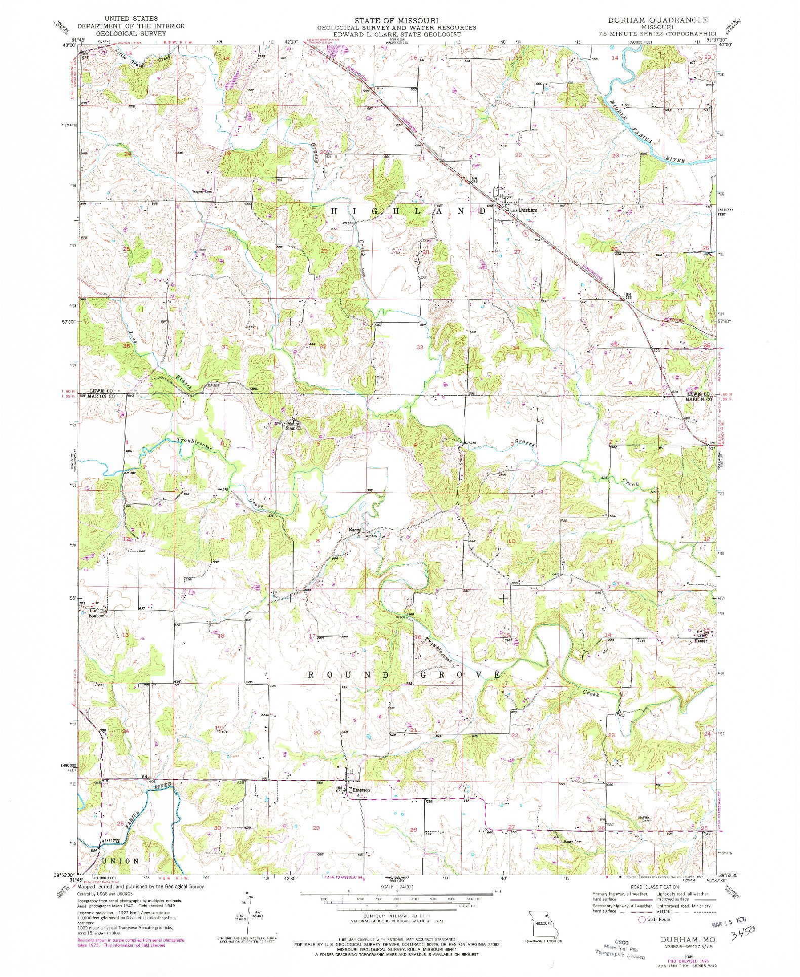 USGS 1:24000-SCALE QUADRANGLE FOR DURHAM, MO 1949