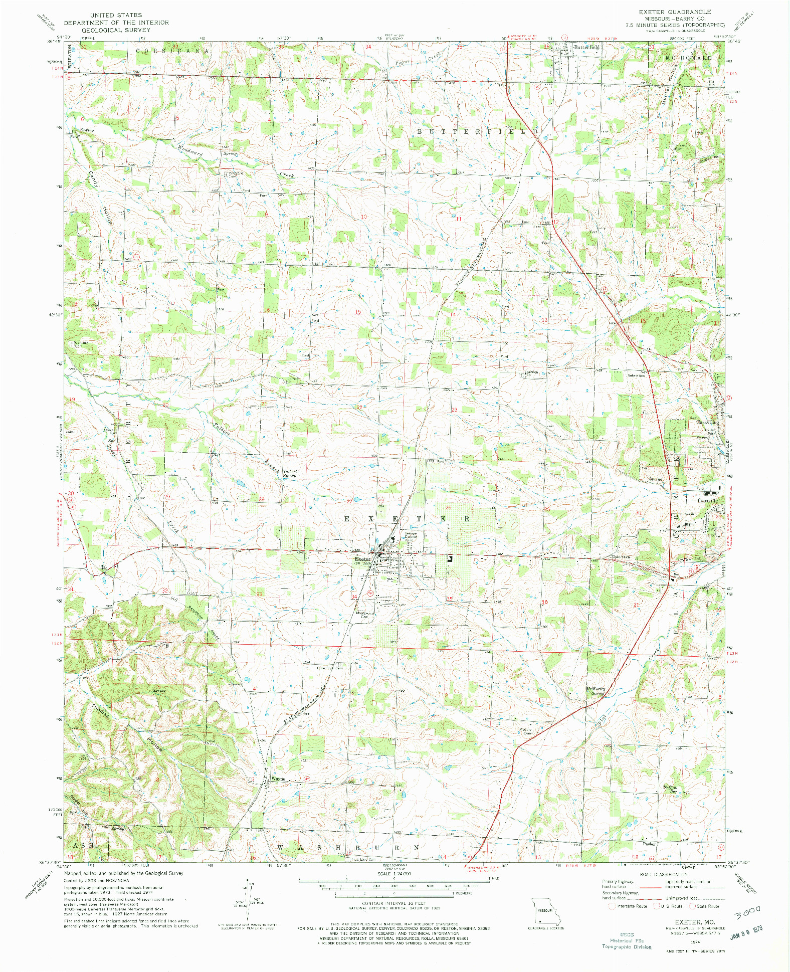 USGS 1:24000-SCALE QUADRANGLE FOR EXETER, MO 1974