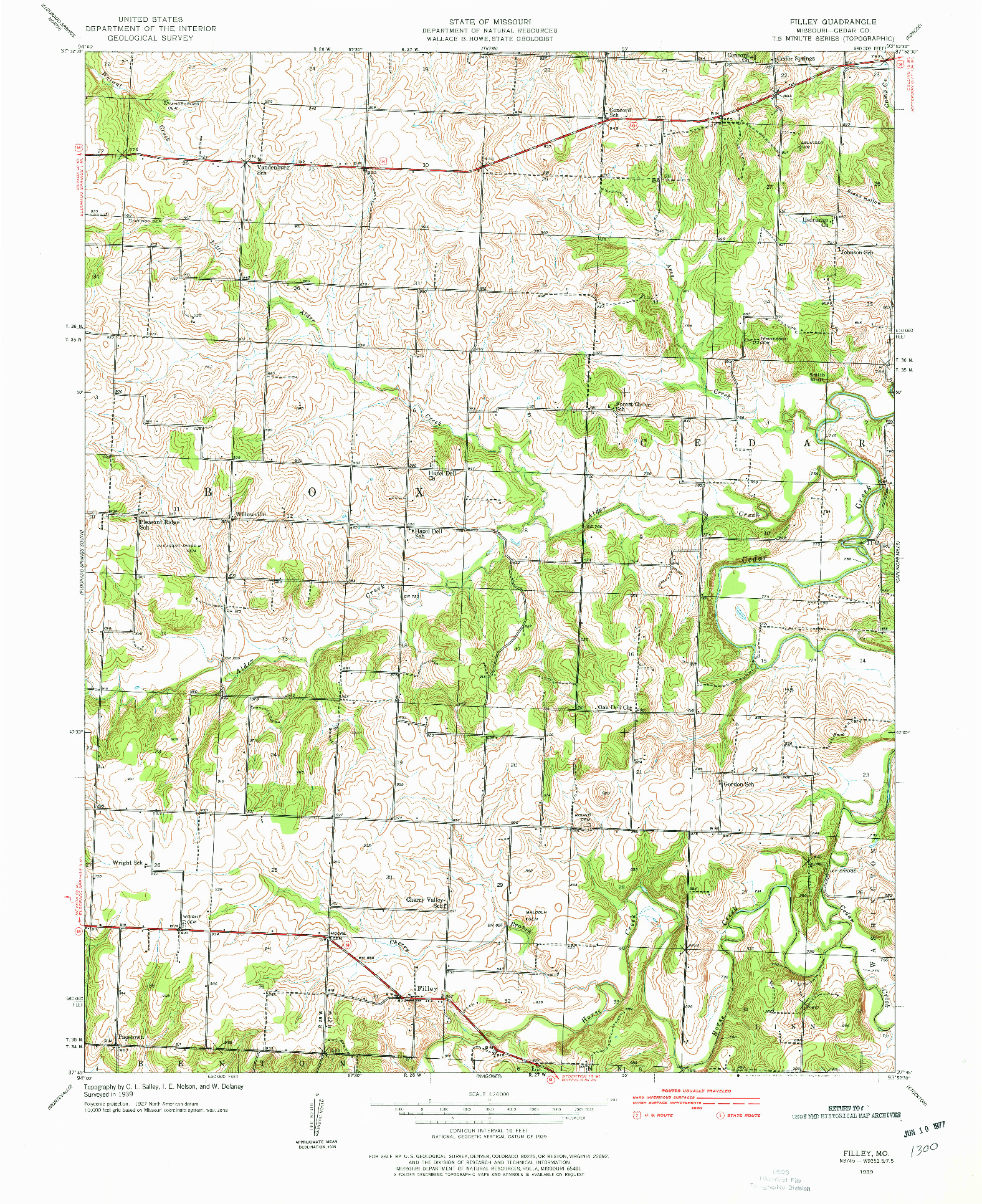 USGS 1:24000-SCALE QUADRANGLE FOR FILLEY, MO 1939