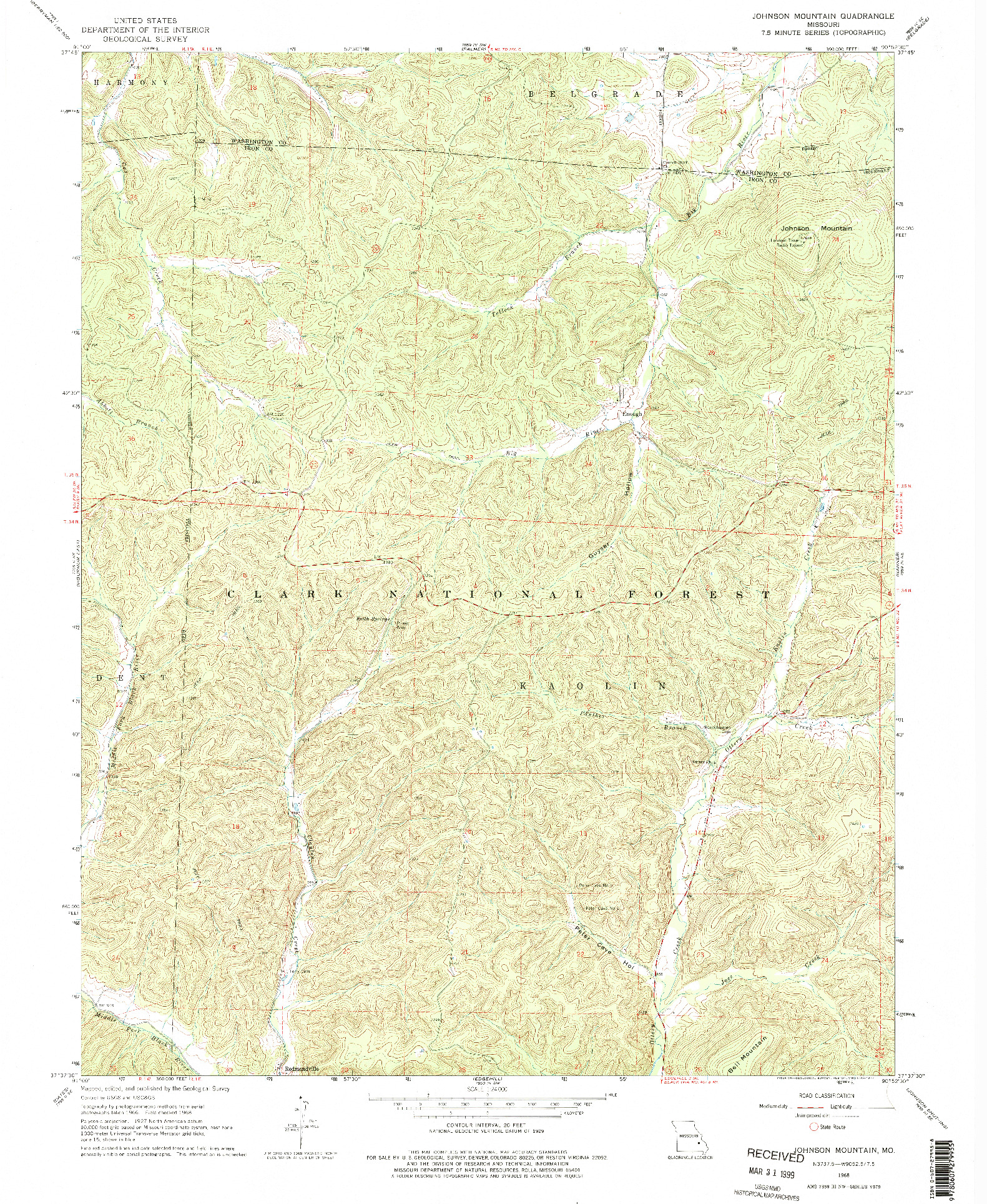 USGS 1:24000-SCALE QUADRANGLE FOR JOHNSON MOUNTAIN, MO 1968