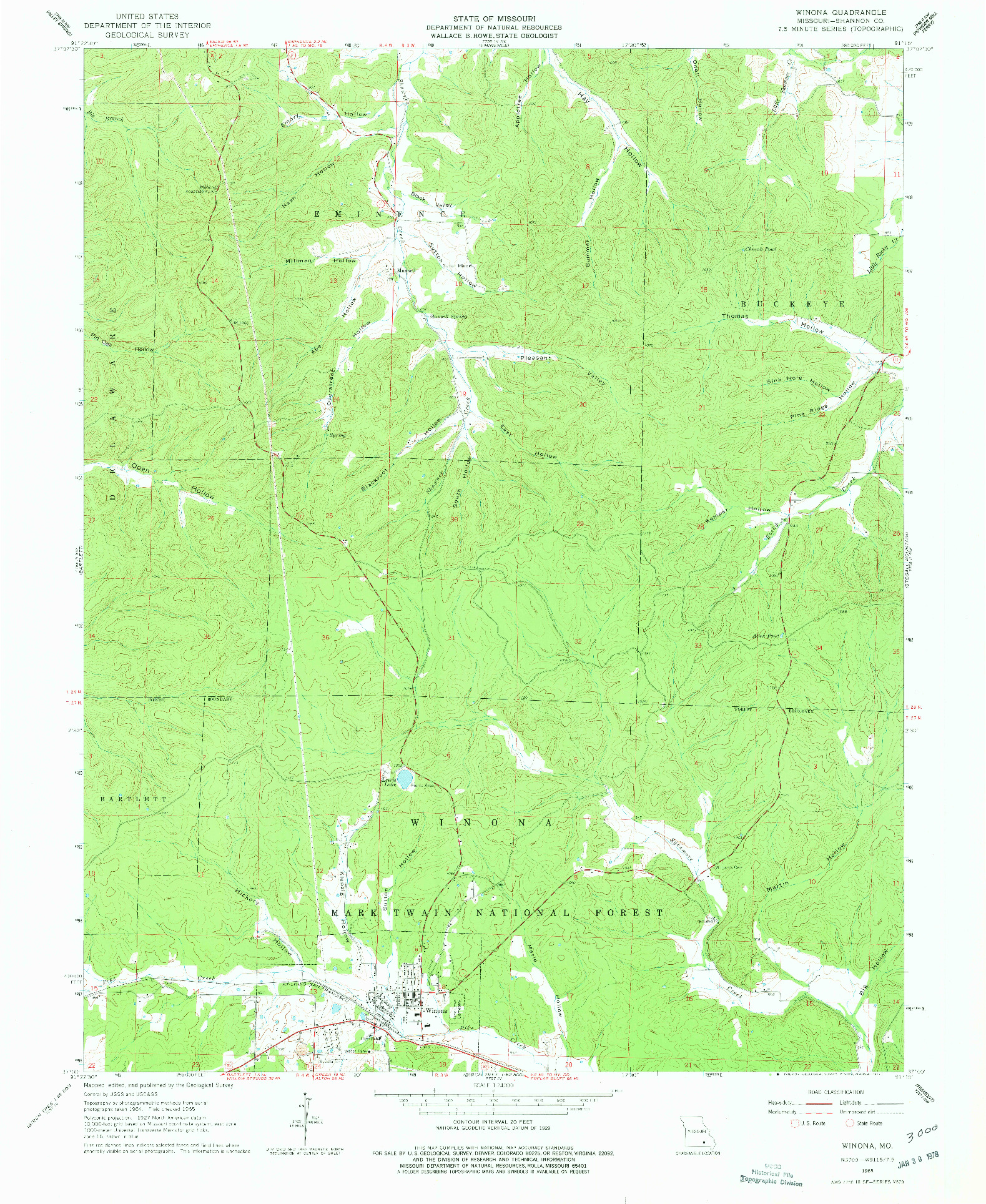 USGS 1:24000-SCALE QUADRANGLE FOR WINONA, MO 1965
