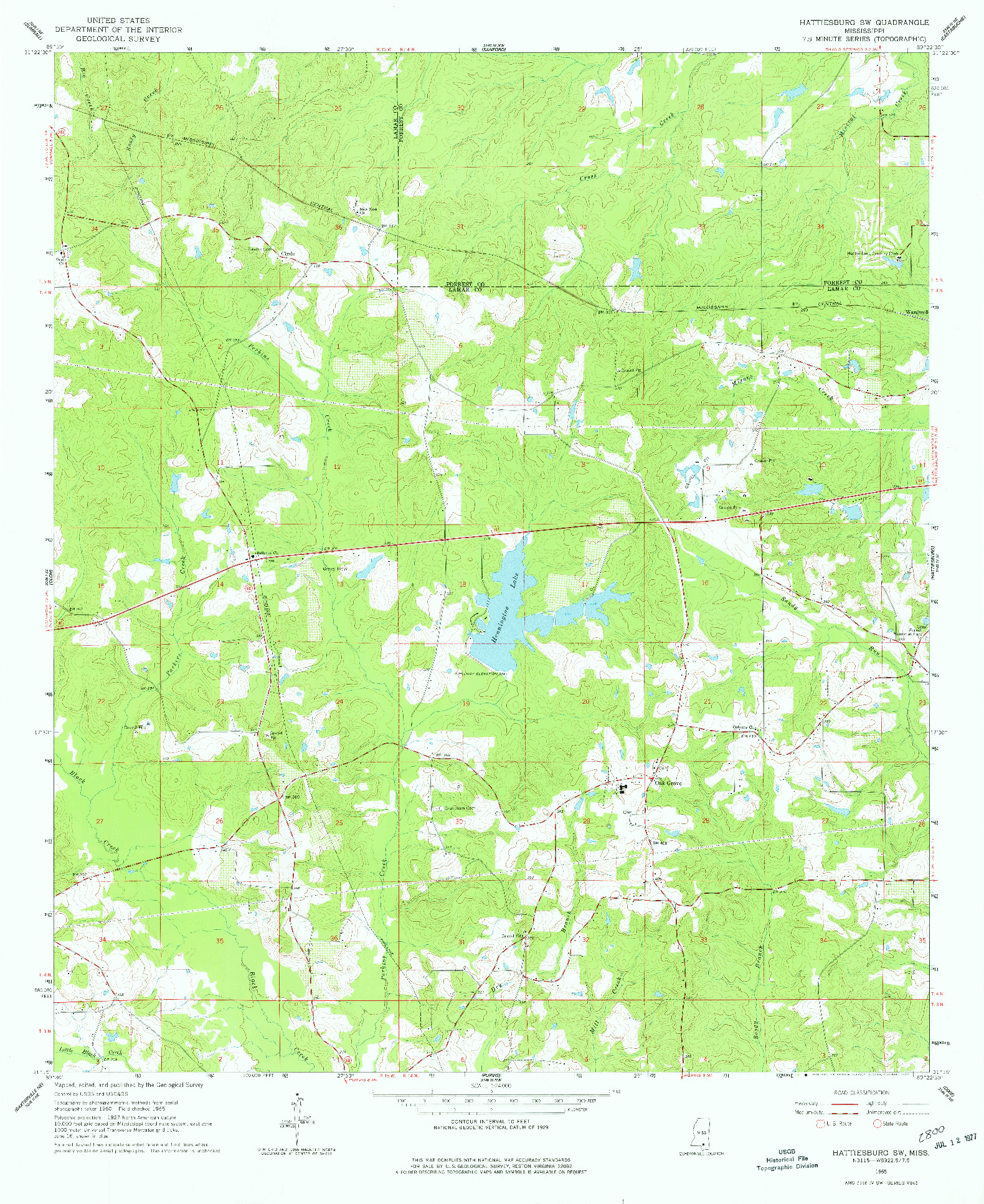 USGS 1:24000-SCALE QUADRANGLE FOR HATTIESBURG SW, MS 1965