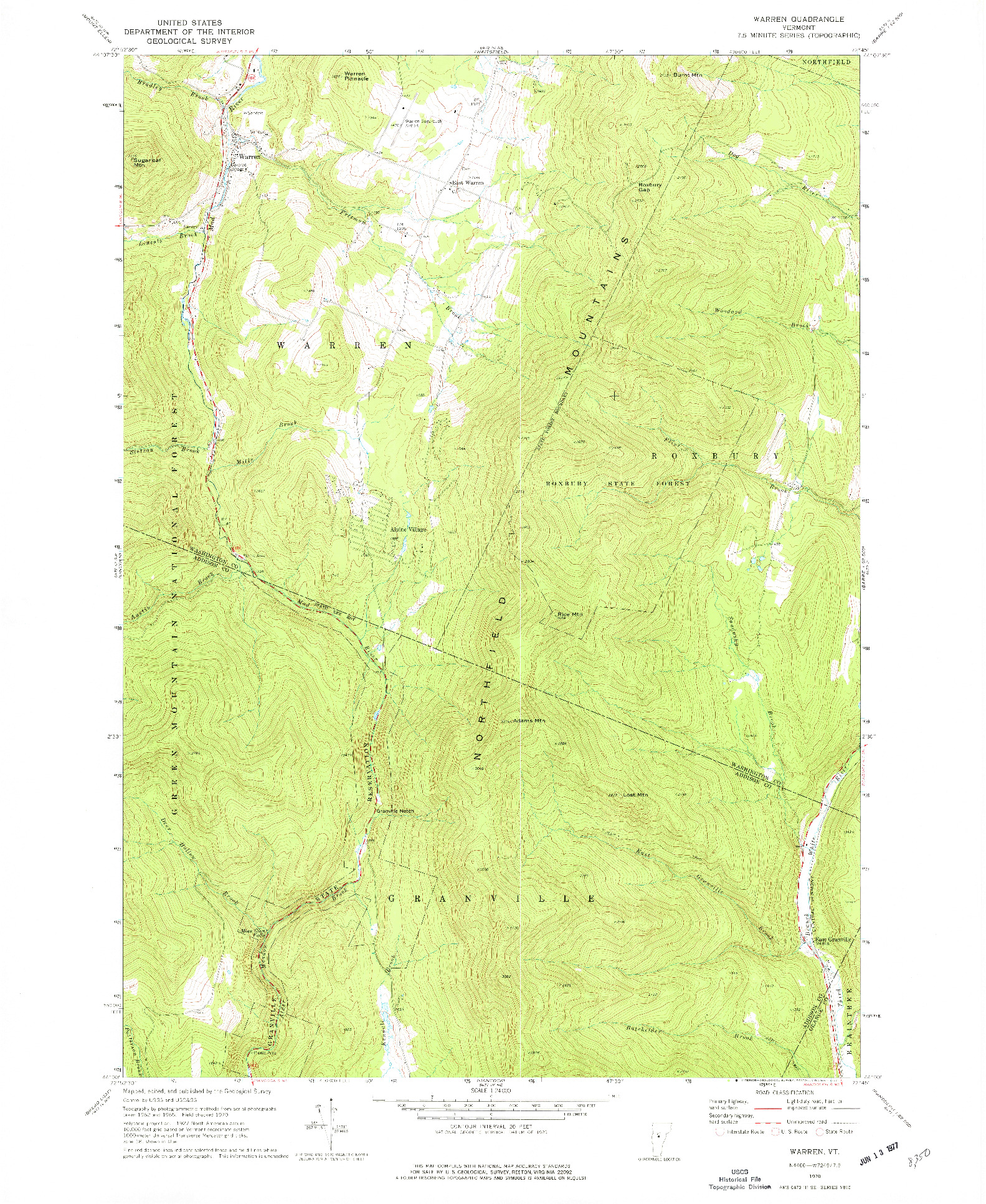 USGS 1:24000-SCALE QUADRANGLE FOR WARREN, VT 1970