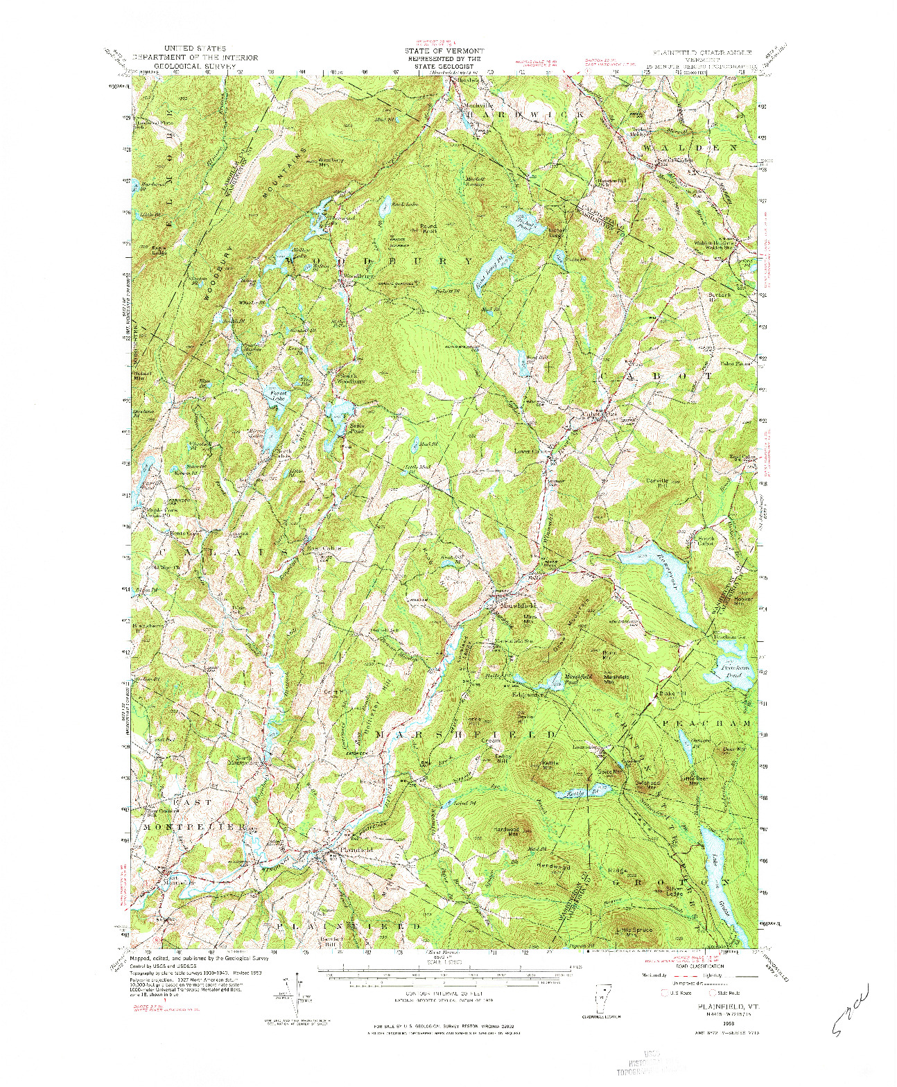 USGS 1:62500-SCALE QUADRANGLE FOR PLAINFIELD, VT 1953