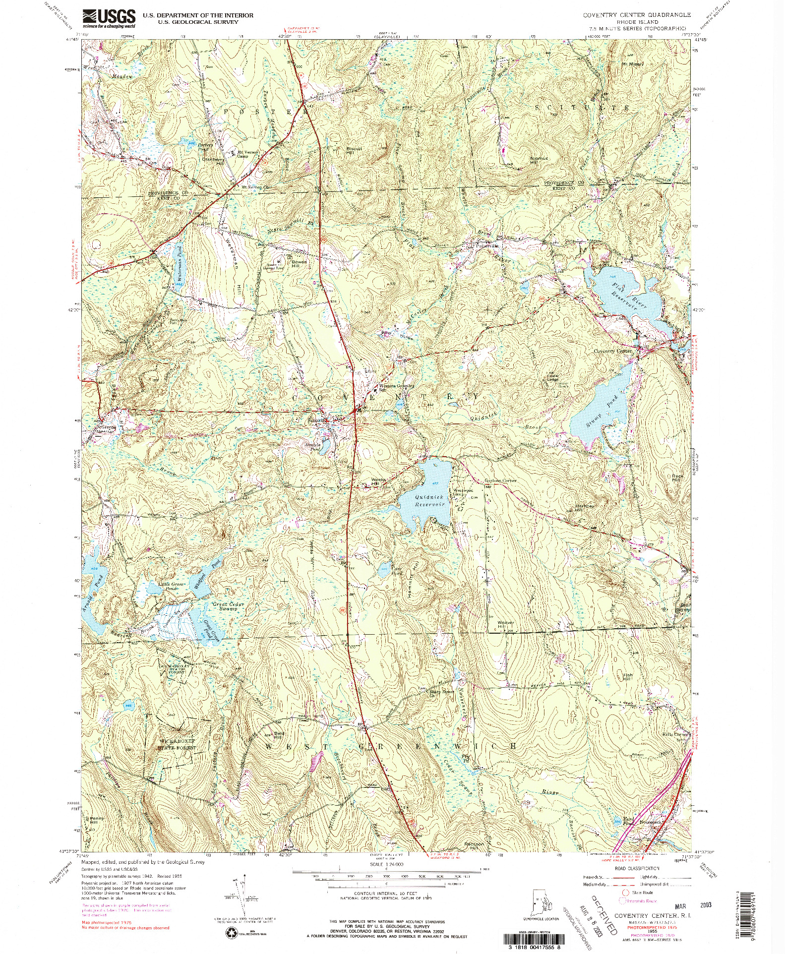 USGS 1:24000-SCALE QUADRANGLE FOR COVENTRY CENTER, RI 1955