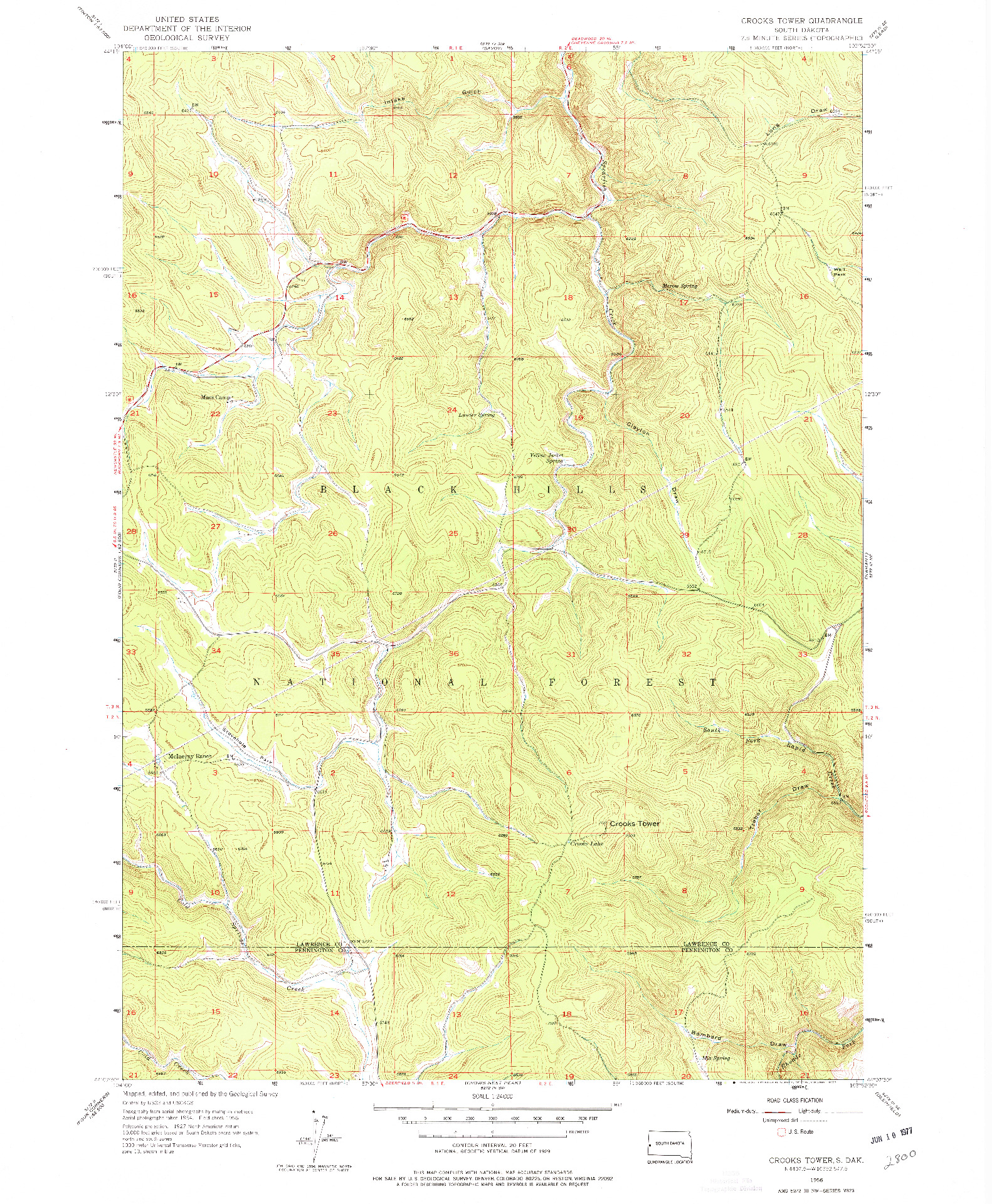 USGS 1:24000-SCALE QUADRANGLE FOR CROOKS TOWER, SD 1956