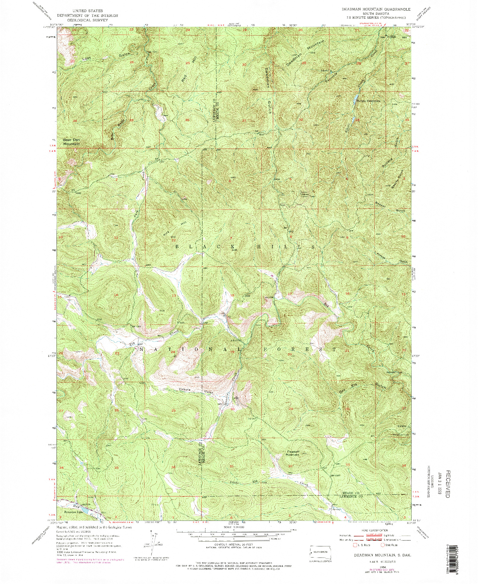 USGS 1:24000-SCALE QUADRANGLE FOR DEADMAN MOUNTAIN, SD 1954