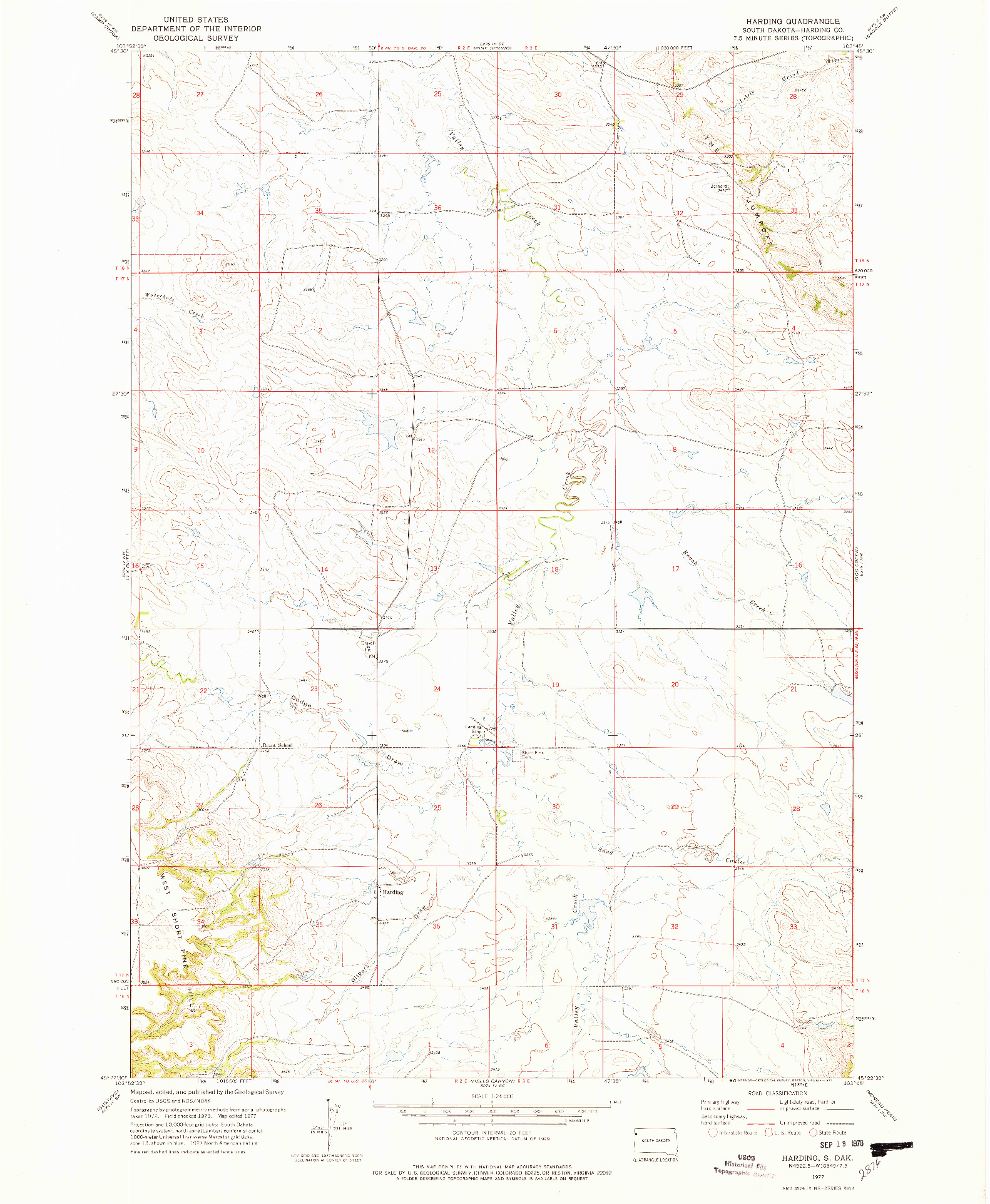 USGS 1:24000-SCALE QUADRANGLE FOR HARDING, SD 1977