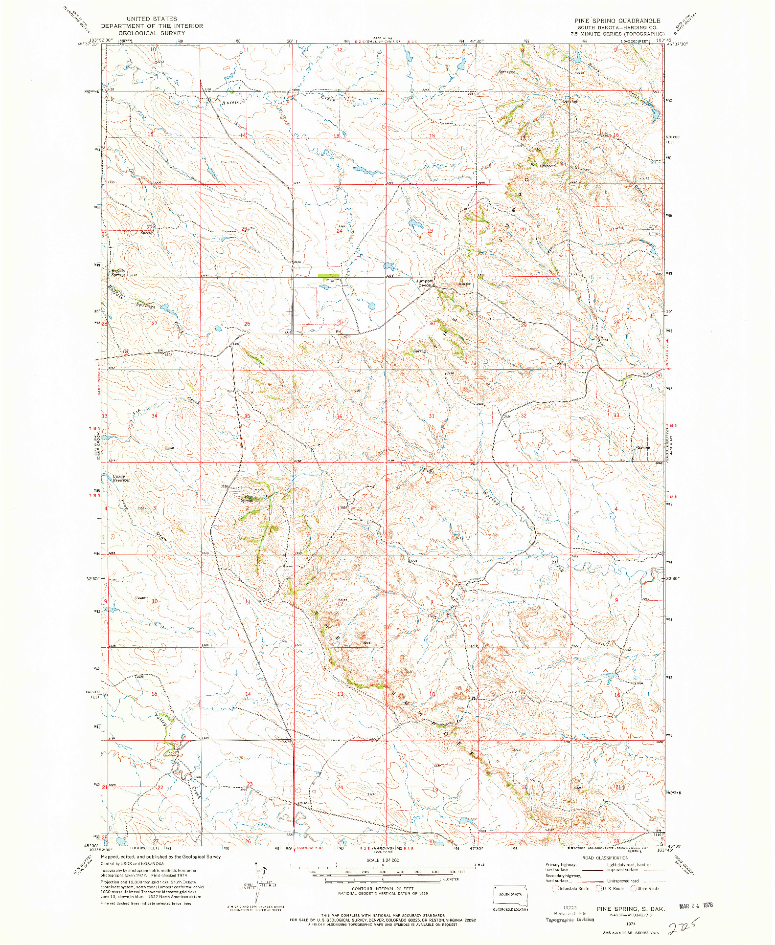 USGS 1:24000-SCALE QUADRANGLE FOR PINE SPRING, SD 1974