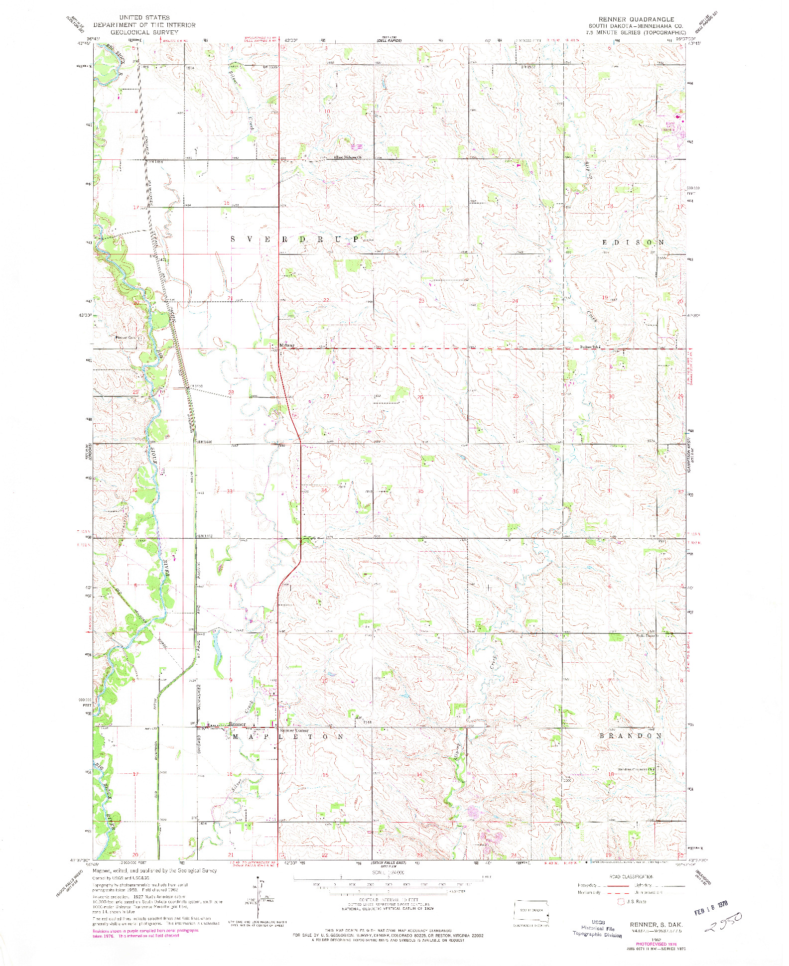 USGS 1:24000-SCALE QUADRANGLE FOR RENNER, SD 1962