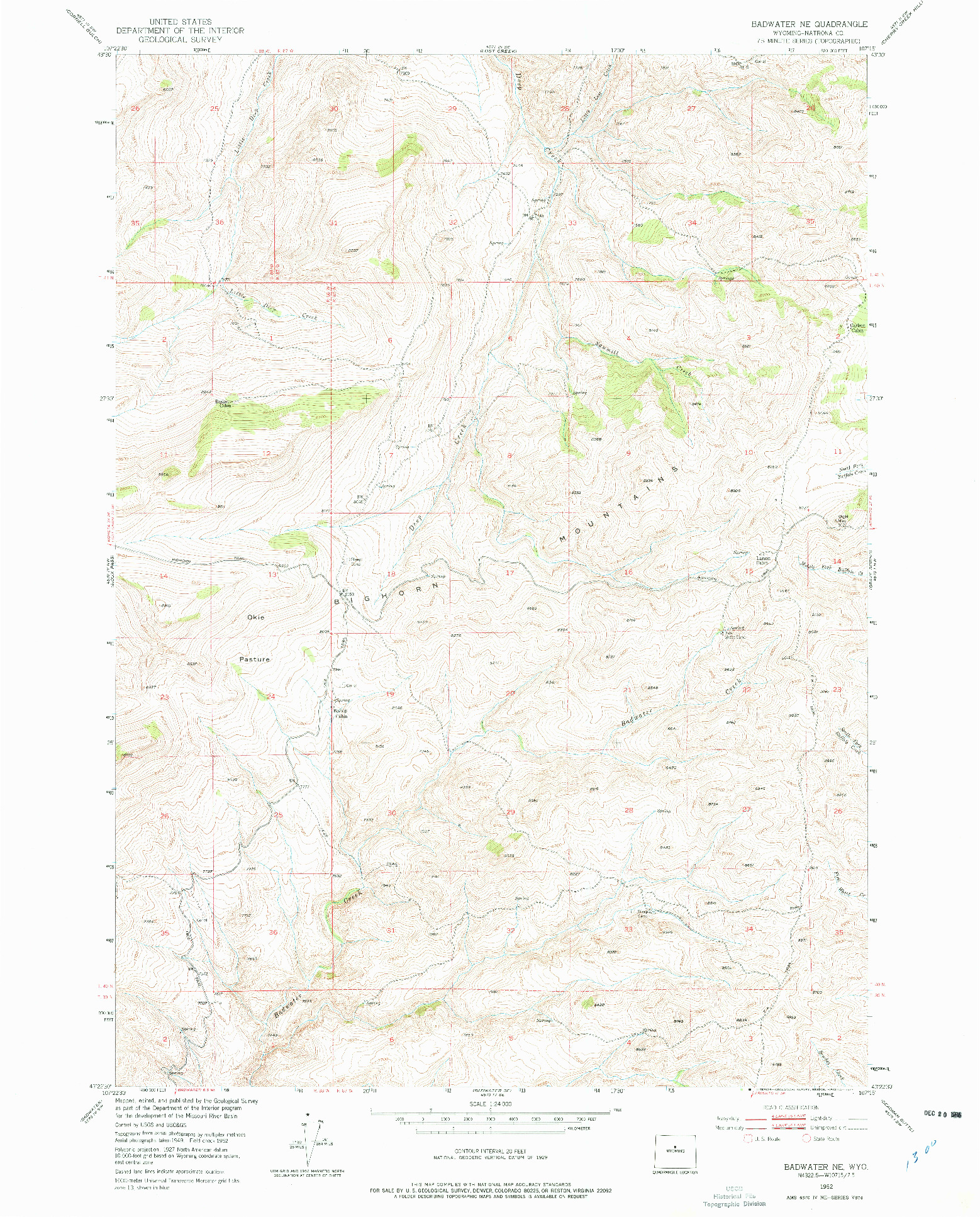 USGS 1:24000-SCALE QUADRANGLE FOR BADWATER NE, WY 1952