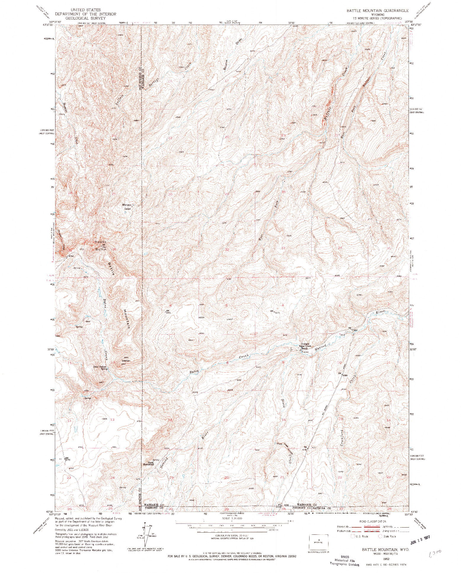 USGS 1:24000-SCALE QUADRANGLE FOR BATTLE MOUNTAIN, WY 1952