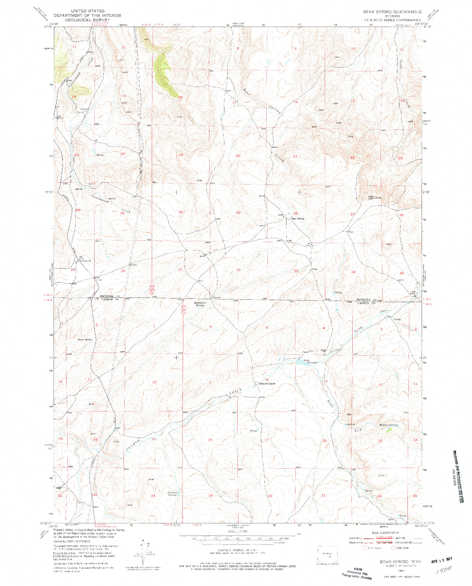 USGS 1:24000-SCALE QUADRANGLE FOR BEAR SPRING, WY 1951