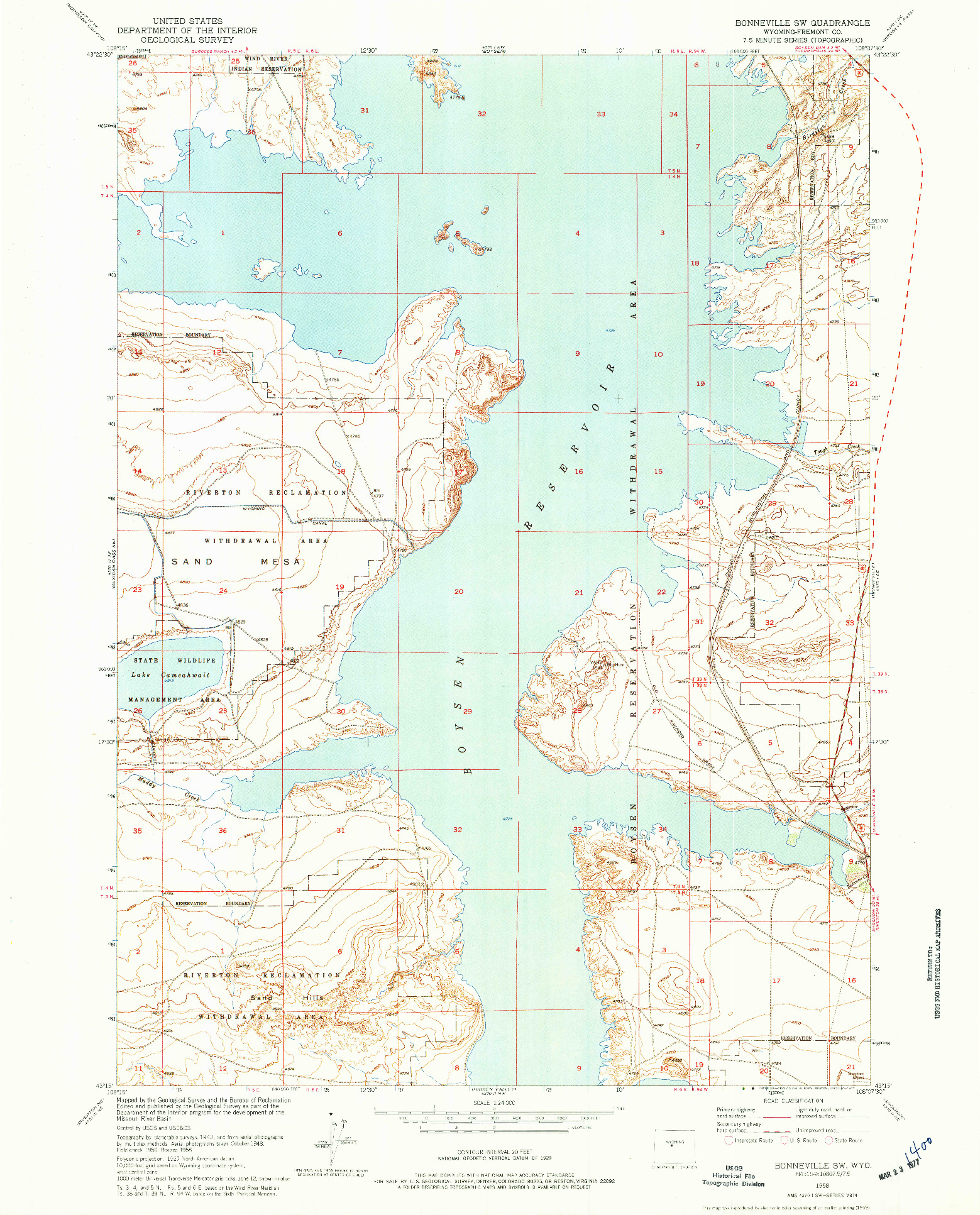 USGS 1:24000-SCALE QUADRANGLE FOR BONNEVILLE SW, WY 1958