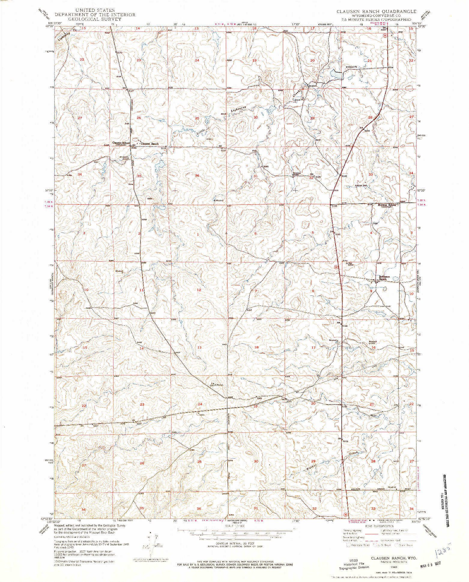 USGS 1:24000-SCALE QUADRANGLE FOR CLAUSEN RANCH, WY 1949