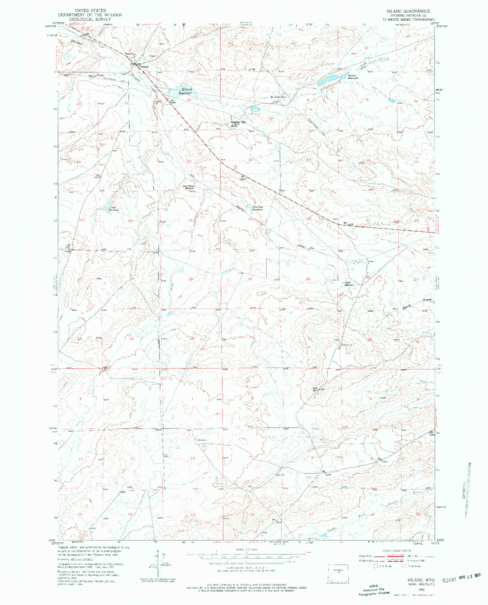 USGS 1:24000-SCALE QUADRANGLE FOR HILAND, WY 1952