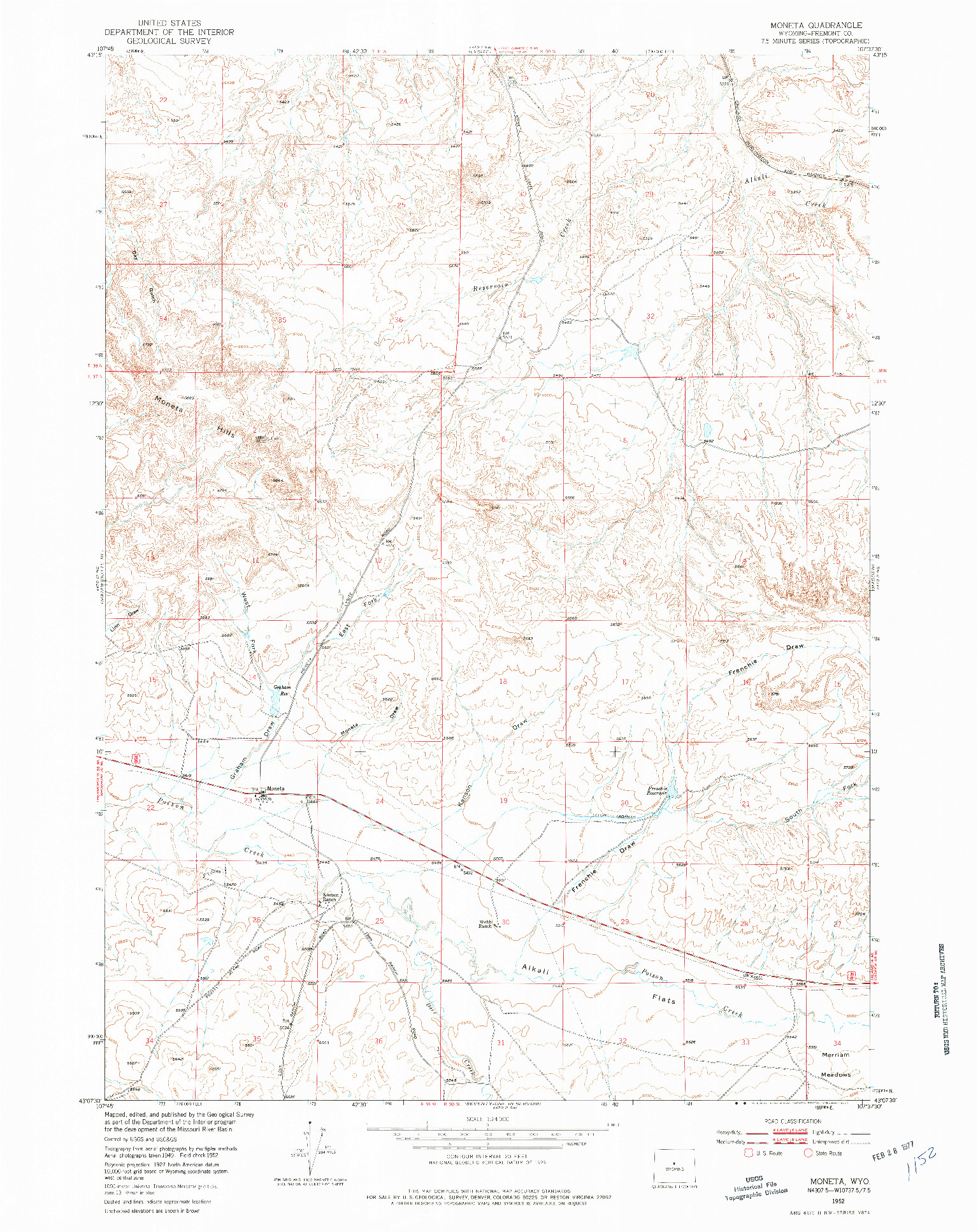 USGS 1:24000-SCALE QUADRANGLE FOR MONETA, WY 1952