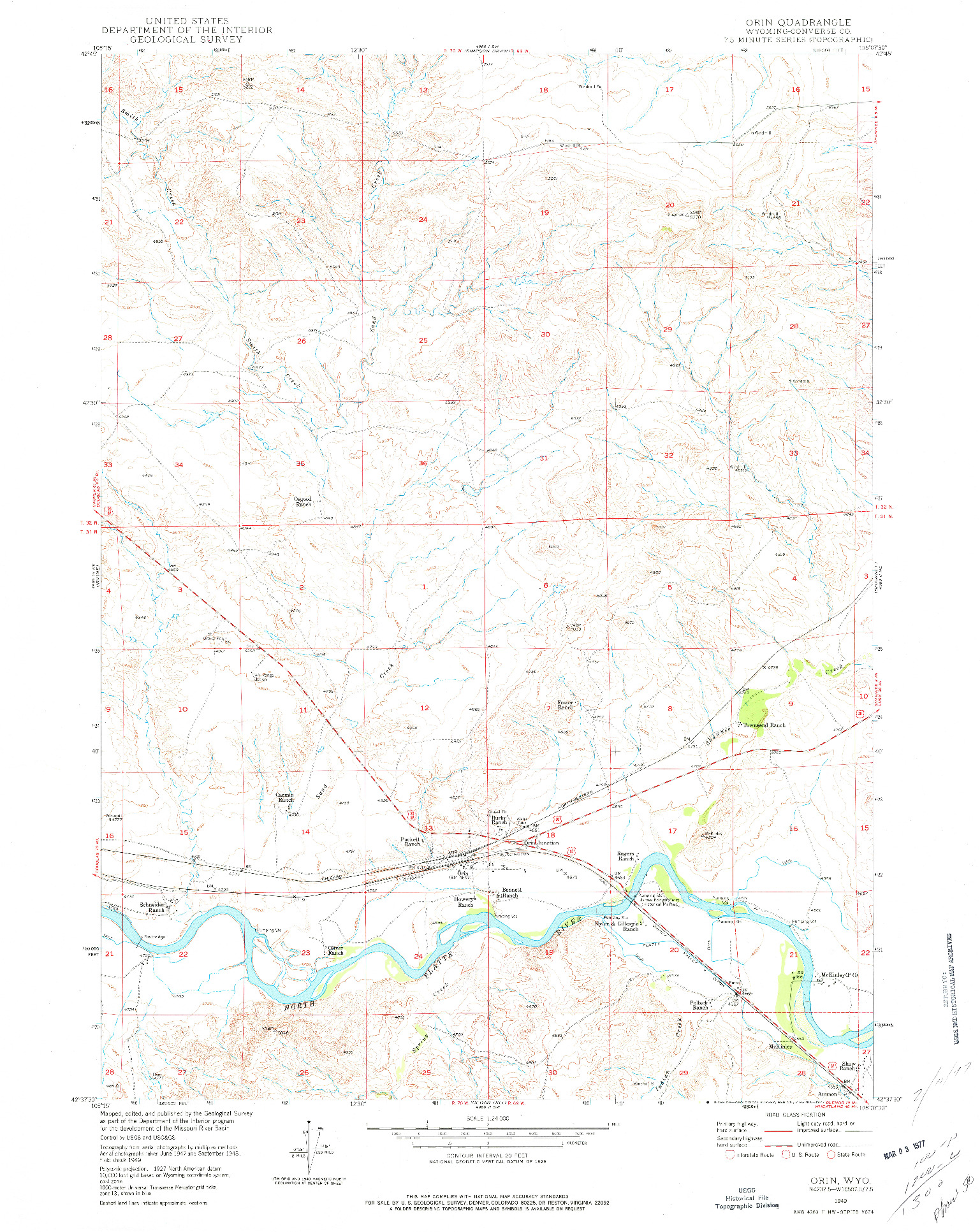 USGS 1:24000-SCALE QUADRANGLE FOR ORIN, WY 1949