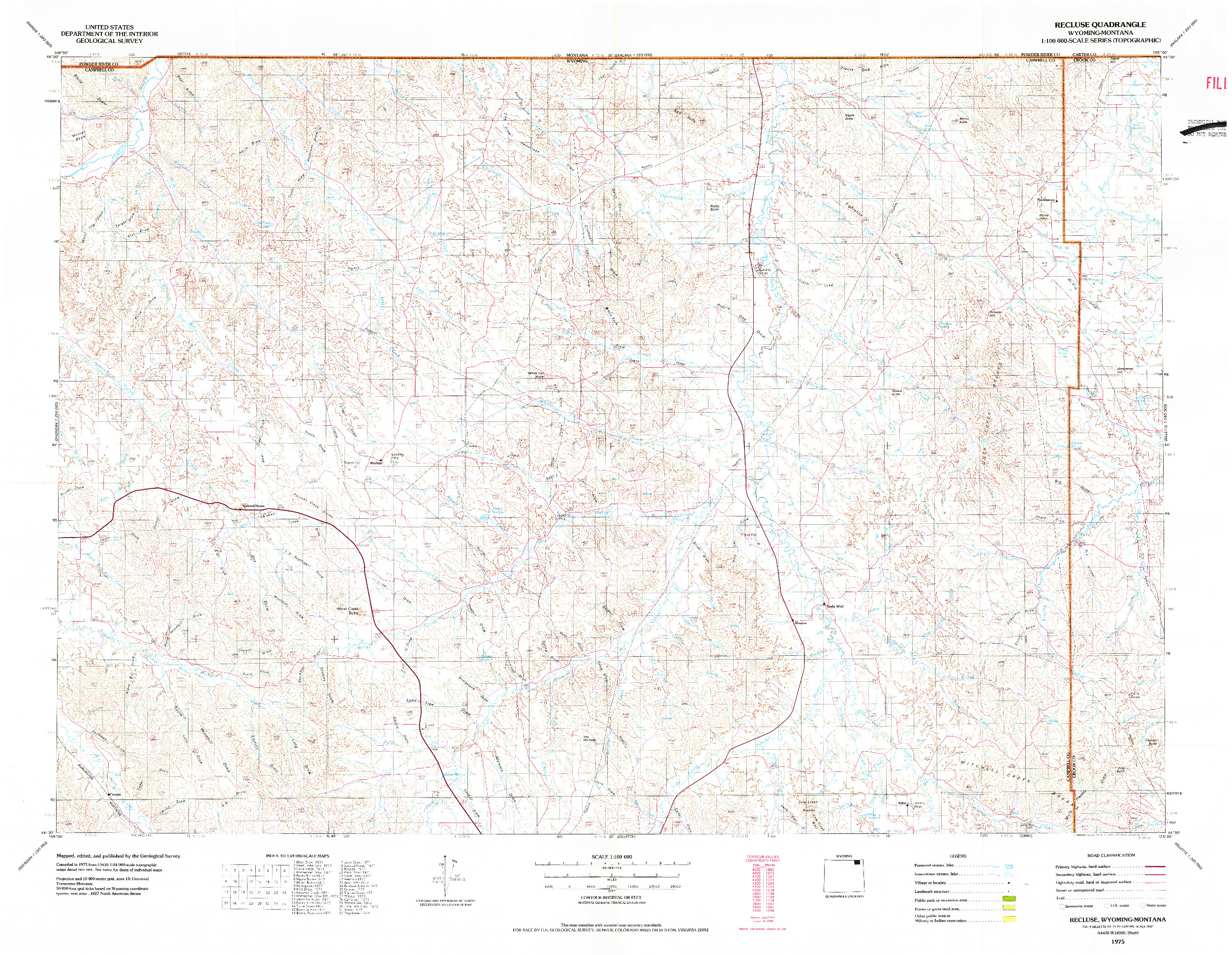 USGS 1:100000-SCALE QUADRANGLE FOR RECLUSE, WY 1975