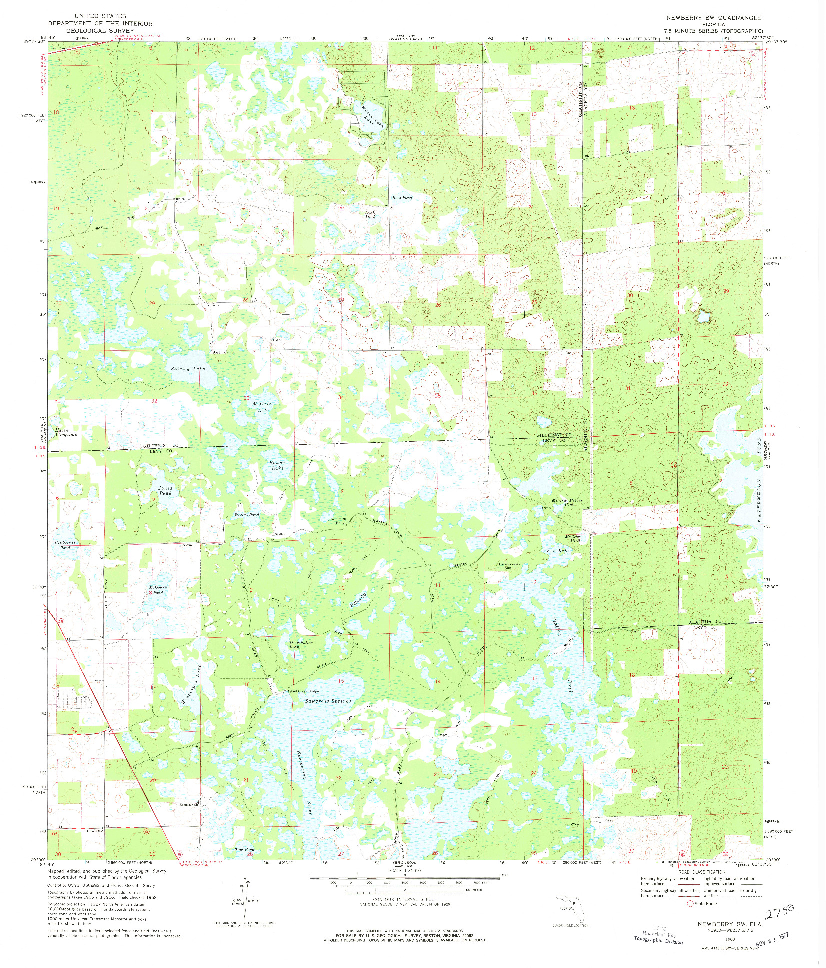 USGS 1:24000-SCALE QUADRANGLE FOR NEWBERRY SW, FL 1968