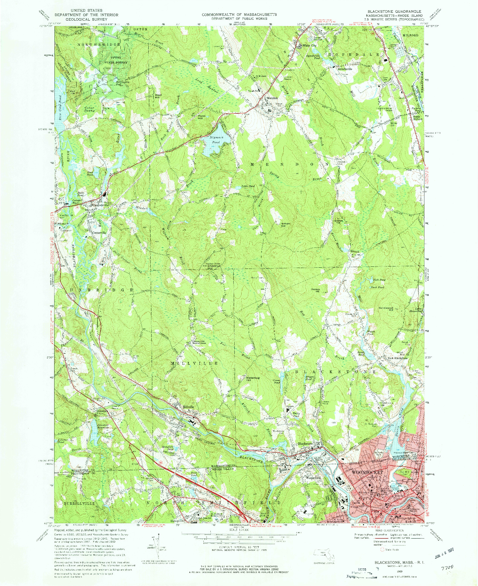 USGS 1:24000-SCALE QUADRANGLE FOR BLACKSTONE, MA 1969