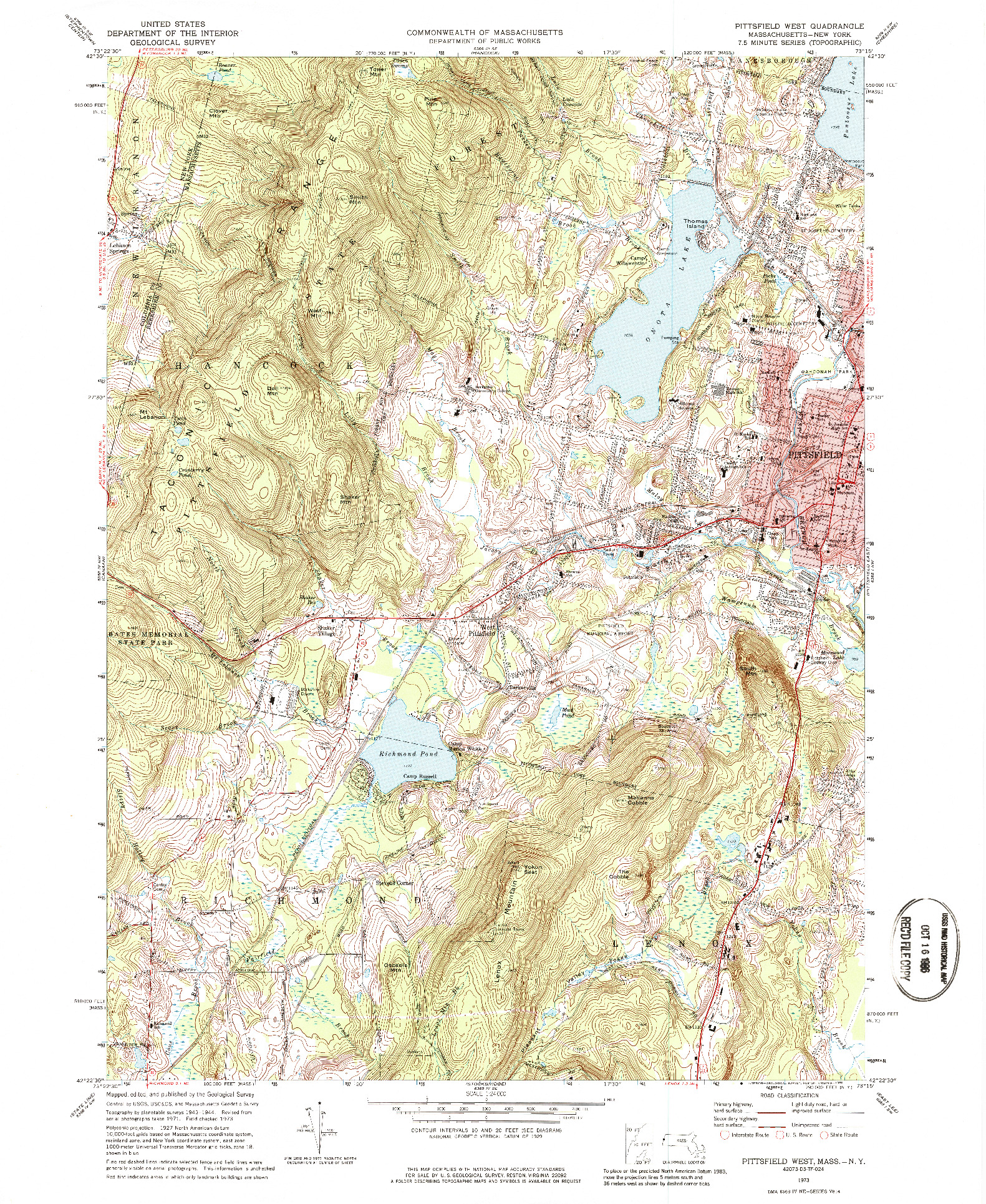 USGS 1:24000-SCALE QUADRANGLE FOR PITTSFIELD WEST, MA 1973