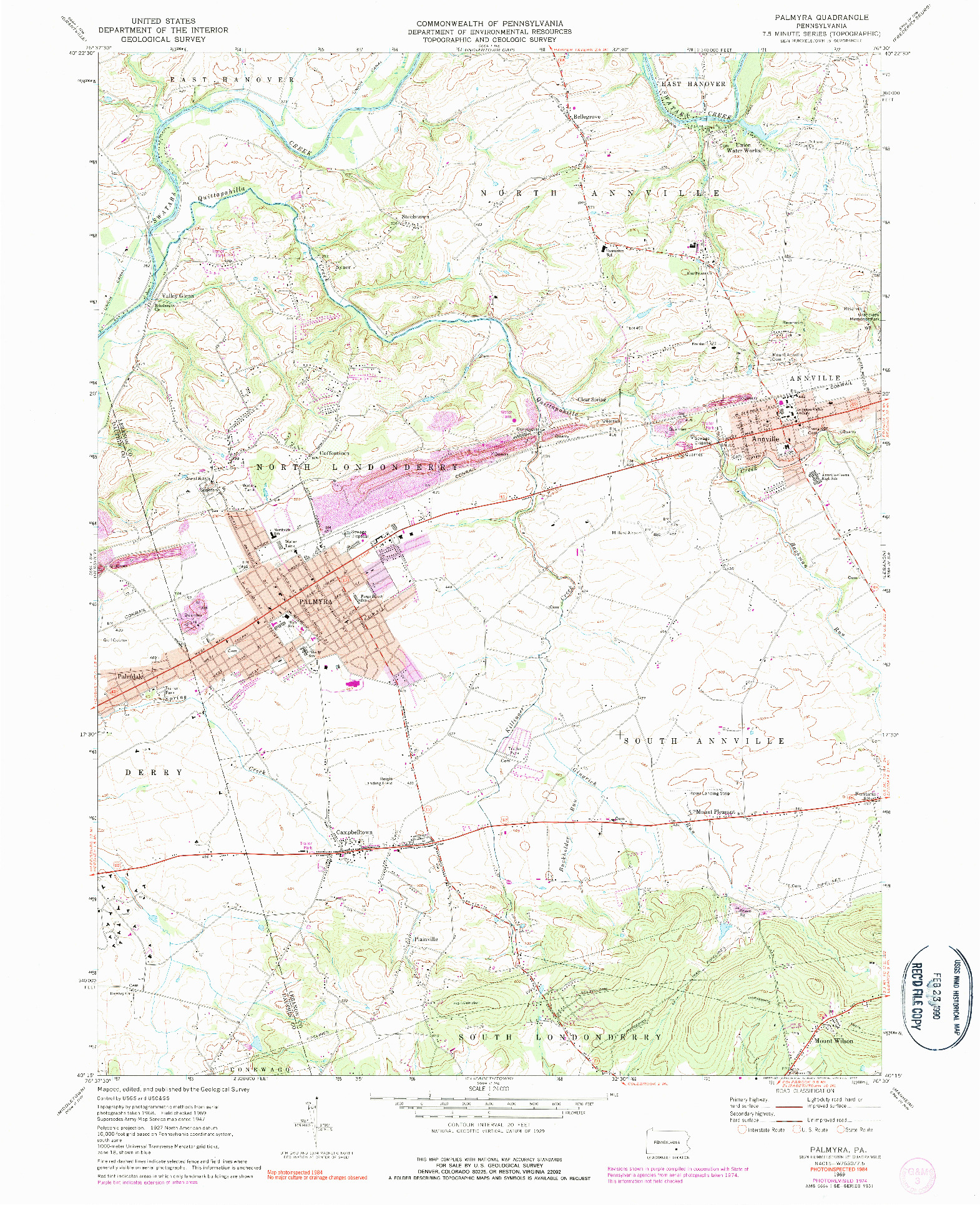 USGS 1:24000-SCALE QUADRANGLE FOR PALMYRA, PA 1969