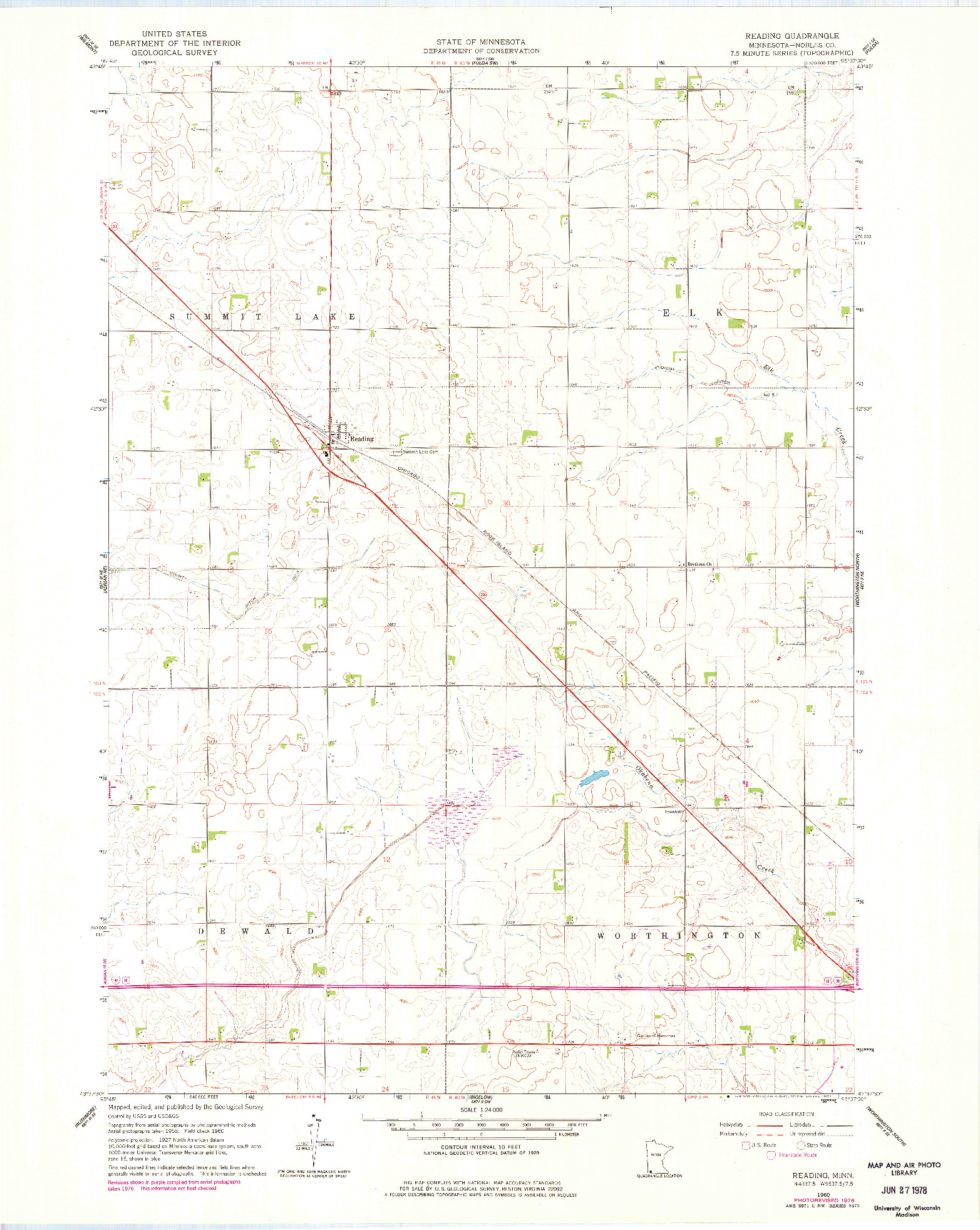 USGS 1:24000-SCALE QUADRANGLE FOR READING, MN 1960