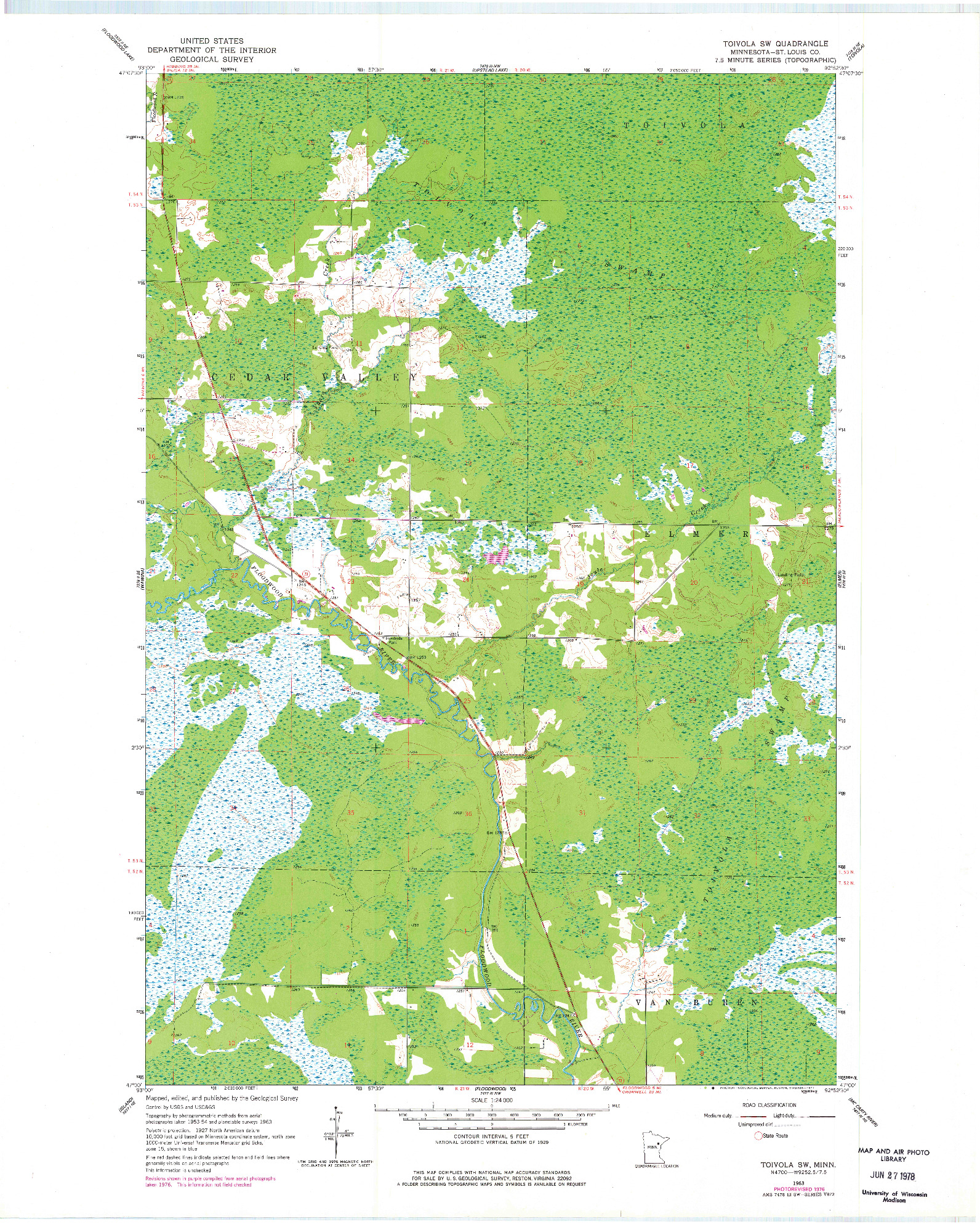 USGS 1:24000-SCALE QUADRANGLE FOR TOIVOLA SW, MN 1963