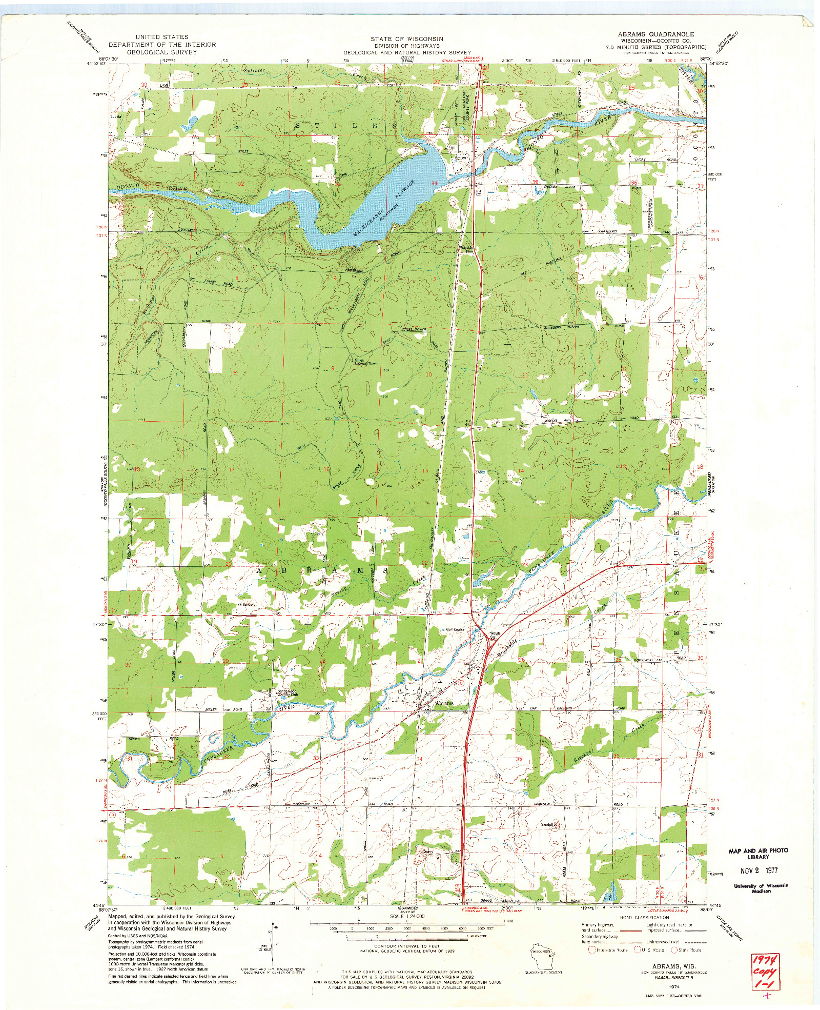 USGS 1:24000-SCALE QUADRANGLE FOR ABRAMS, WI 1974