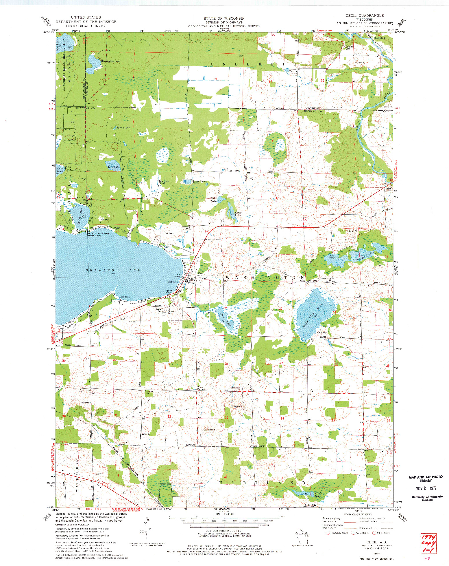 USGS 1:24000-SCALE QUADRANGLE FOR CECIL, WI 1974