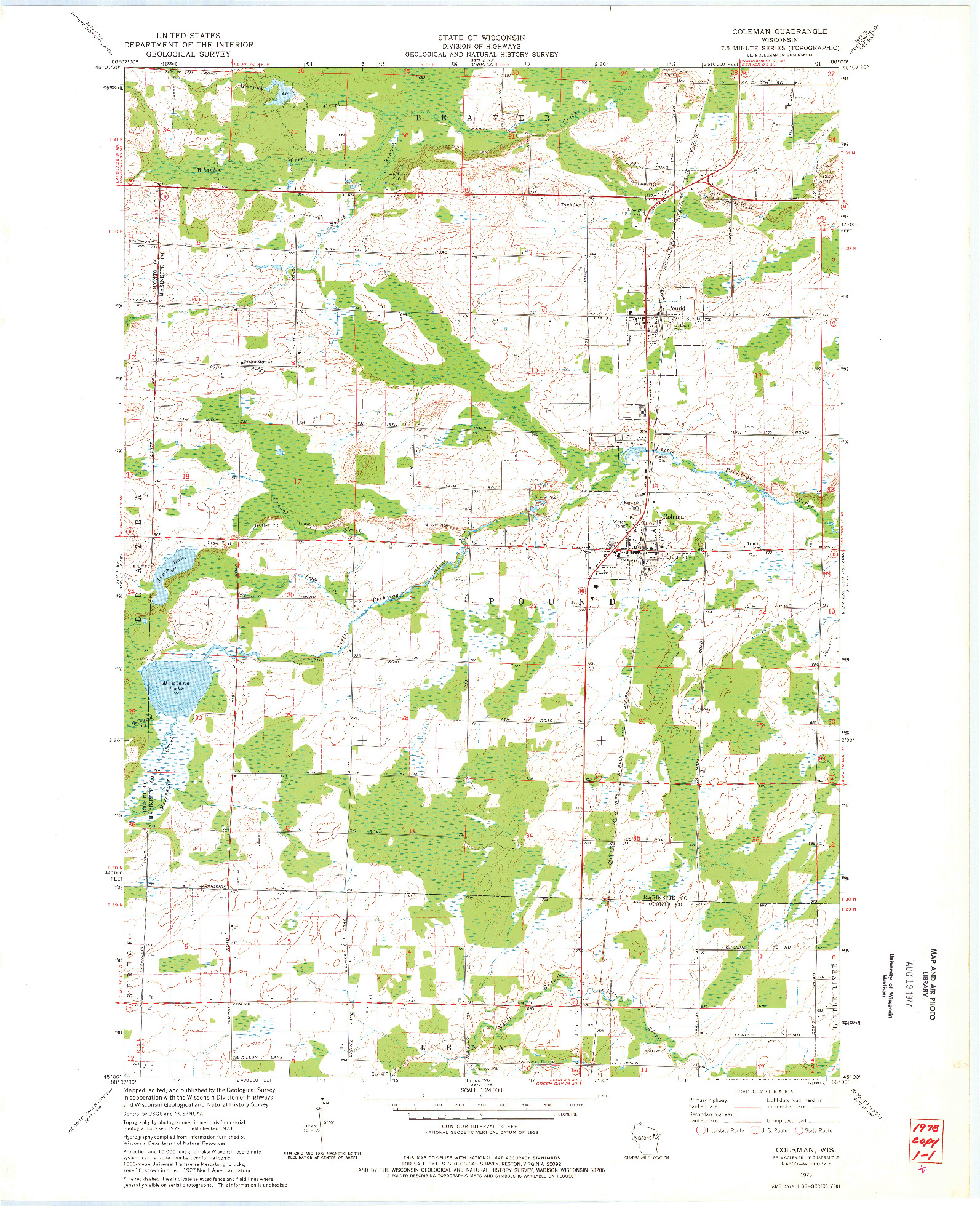 USGS 1:24000-SCALE QUADRANGLE FOR COLEMAN, WI 1973