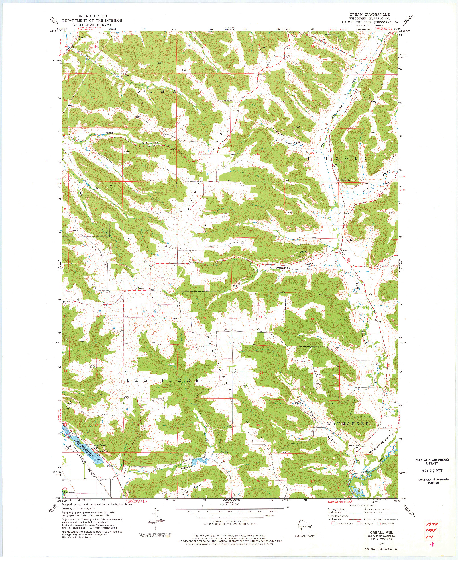 USGS 1:24000-SCALE QUADRANGLE FOR CREAM, WI 1974