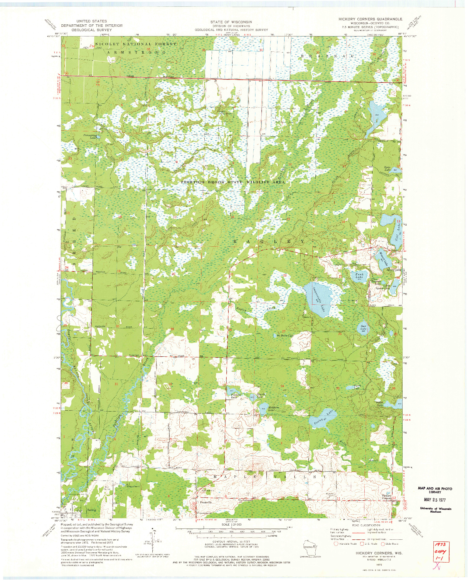 USGS 1:24000-SCALE QUADRANGLE FOR HICKORY CORNERS, WI 1973