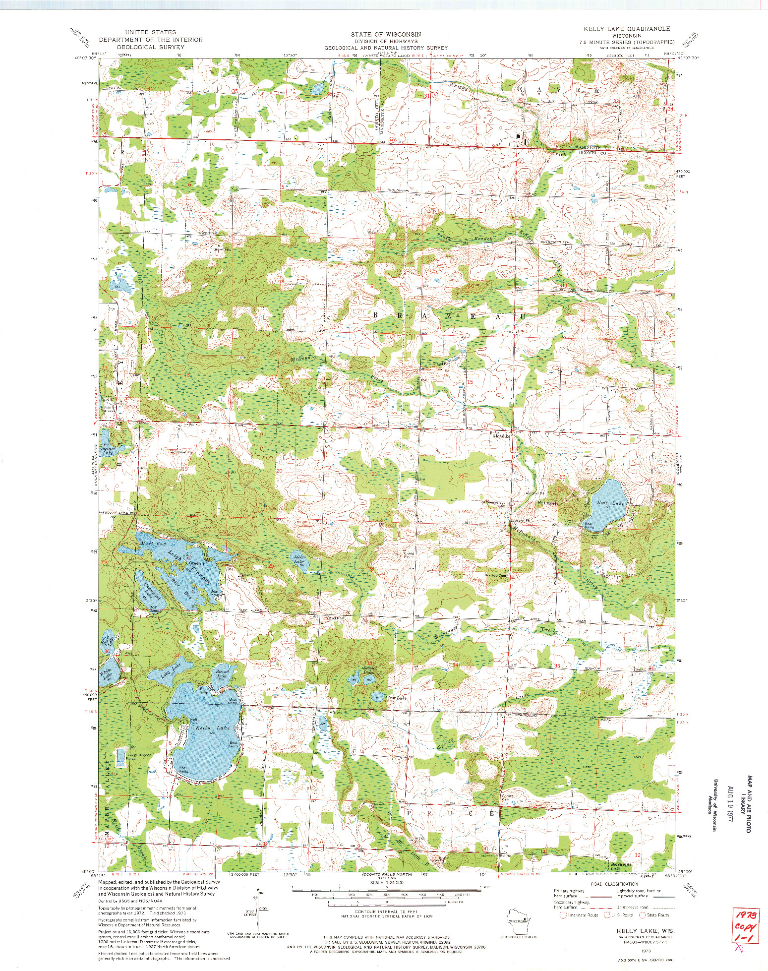 USGS 1:24000-SCALE QUADRANGLE FOR KELLY LAKE, WI 1973