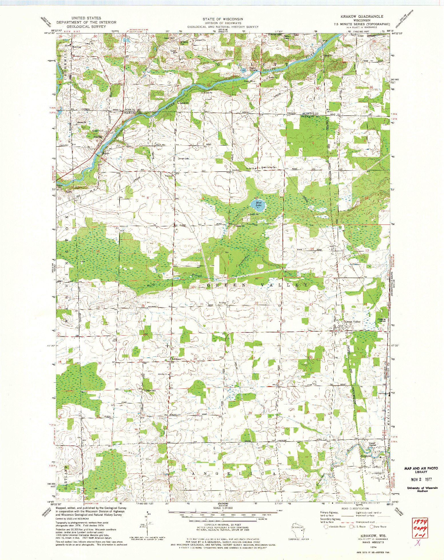 USGS 1:24000-SCALE QUADRANGLE FOR KRAKOW, WI 1974