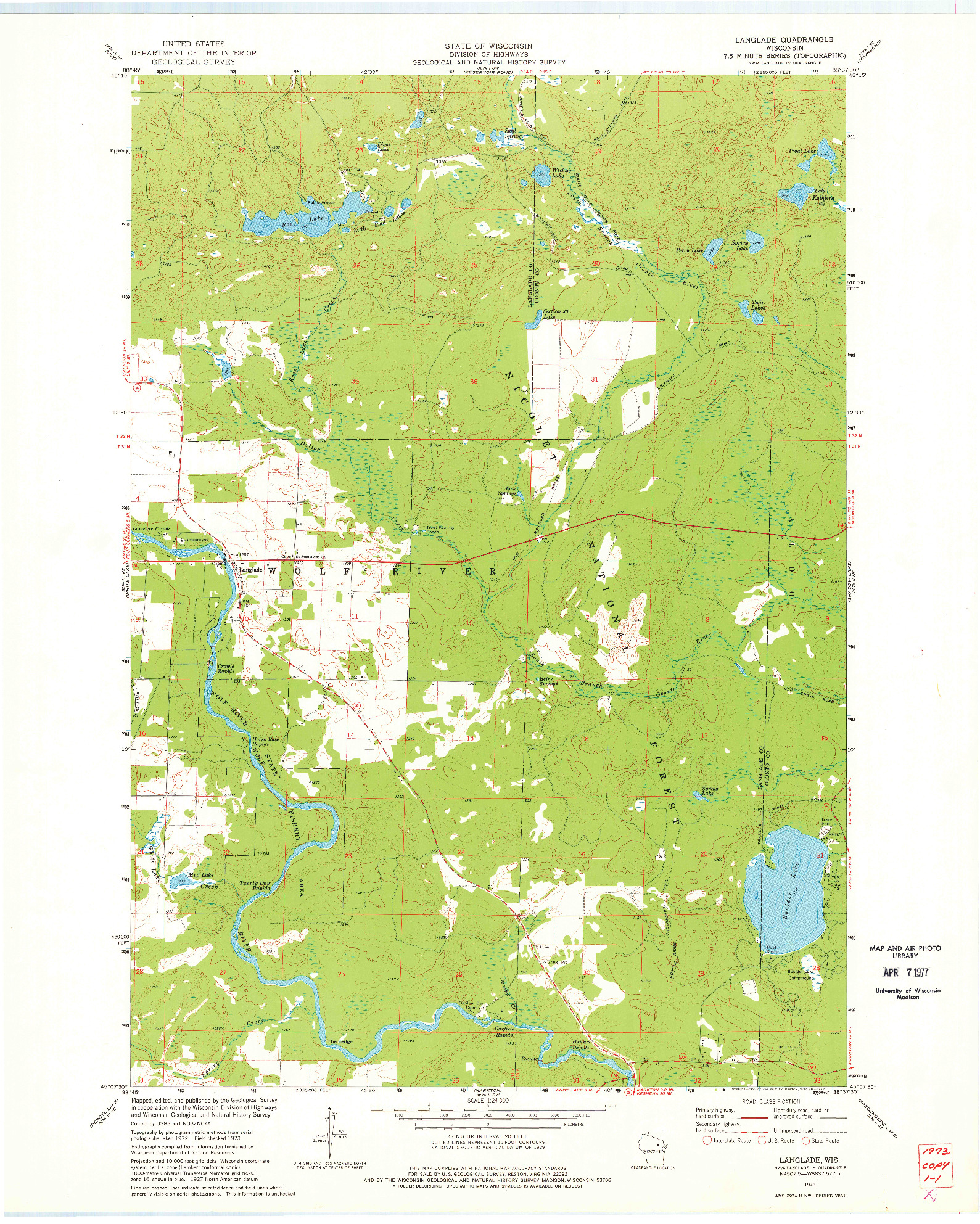 USGS 1:24000-SCALE QUADRANGLE FOR LANGLADE, WI 1973