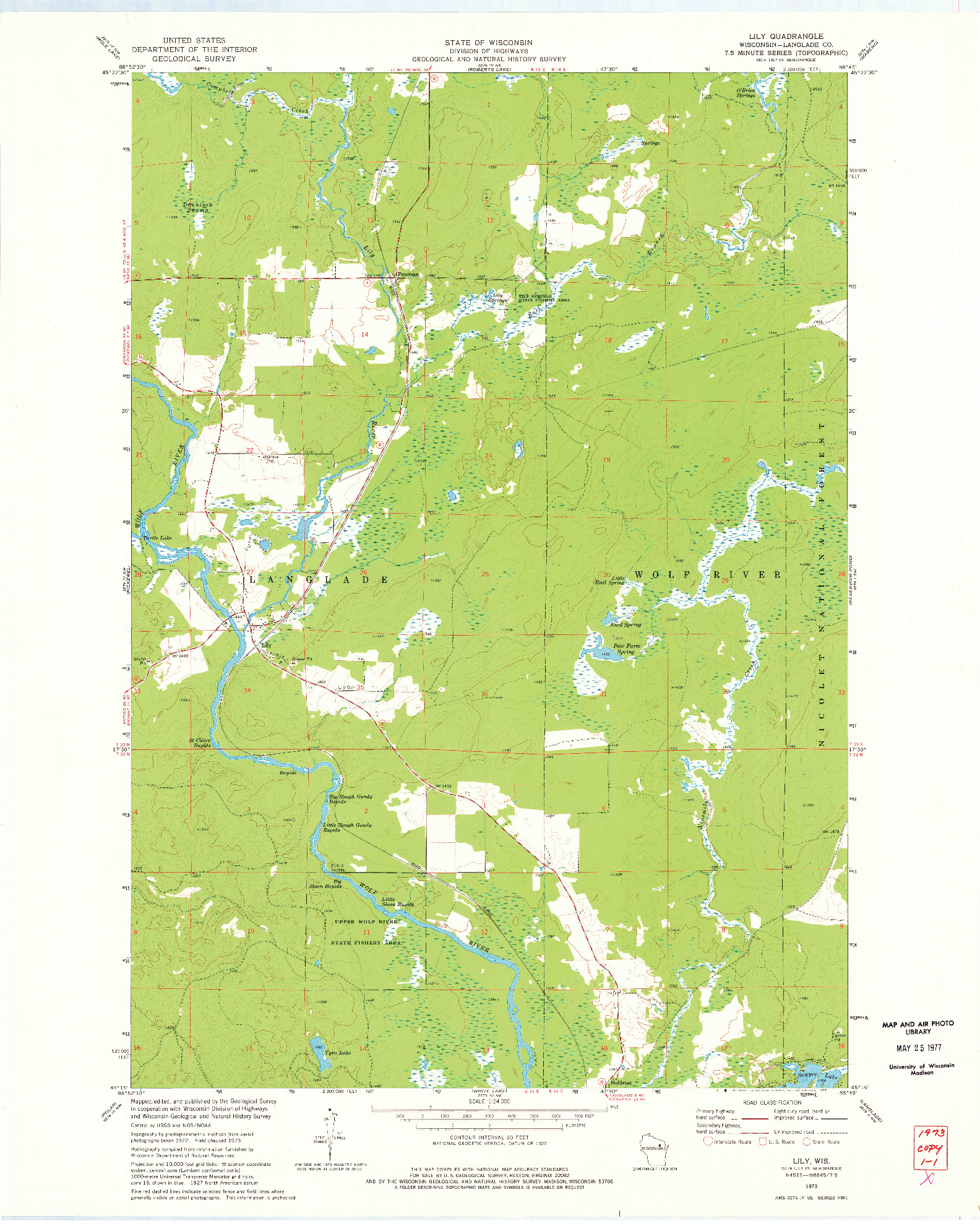 USGS 1:24000-SCALE QUADRANGLE FOR LILY, WI 1973