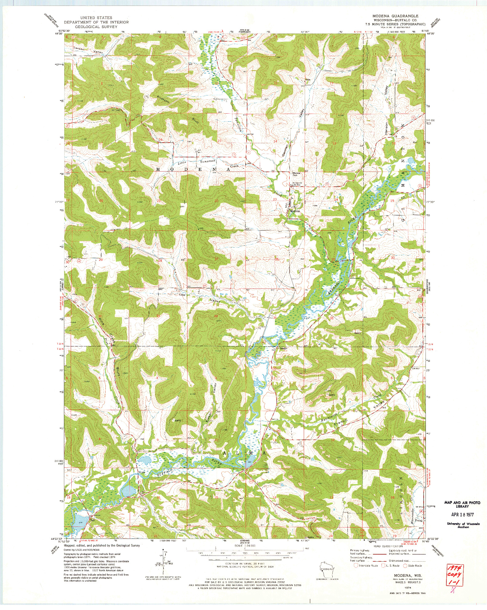 USGS 1:24000-SCALE QUADRANGLE FOR MODENA, WI 1974
