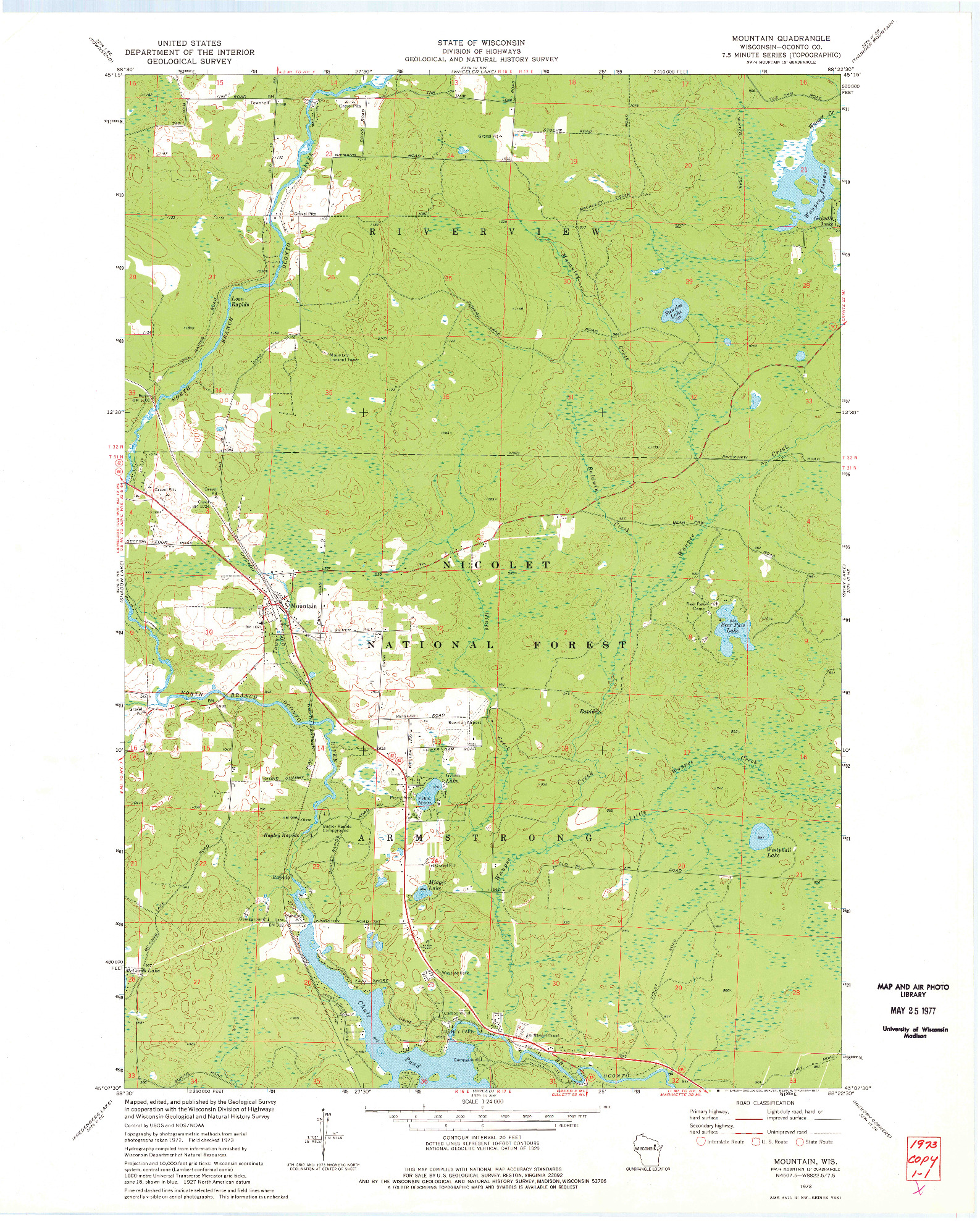 USGS 1:24000-SCALE QUADRANGLE FOR MOUNTAIN, WI 1973