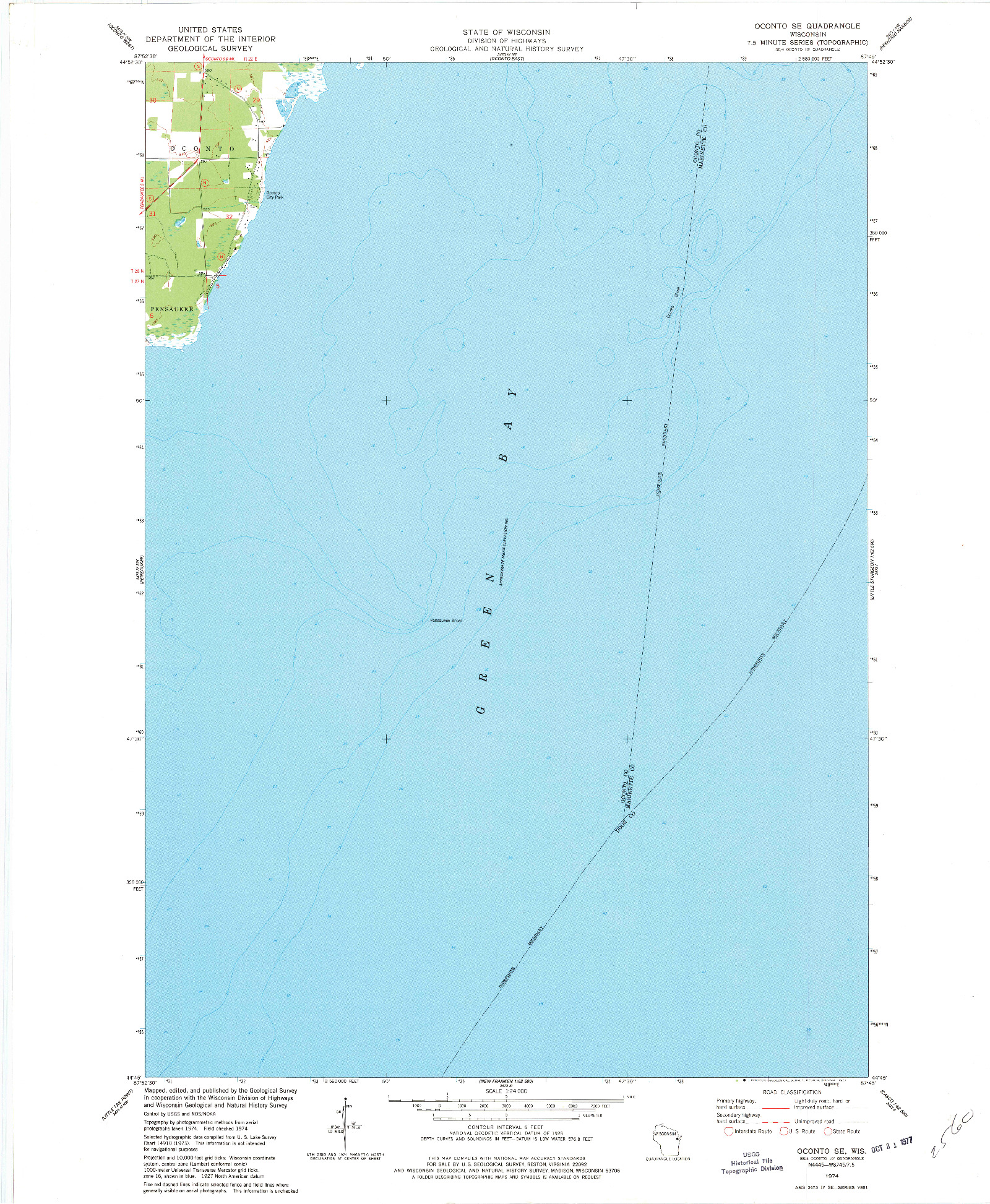 USGS 1:24000-SCALE QUADRANGLE FOR OCONTO SE, WI 1974