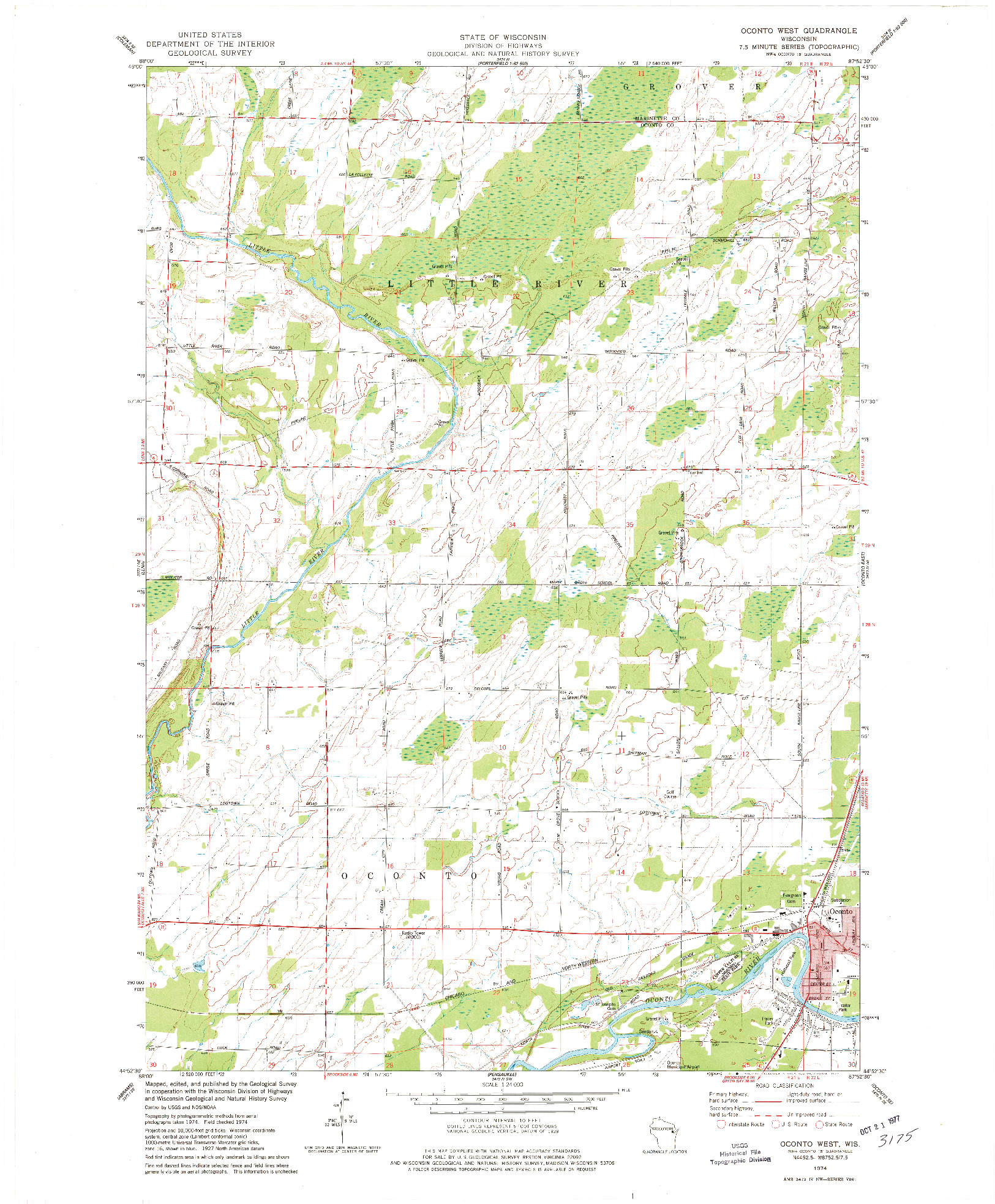 USGS 1:24000-SCALE QUADRANGLE FOR OCONTO WEST, WI 1974