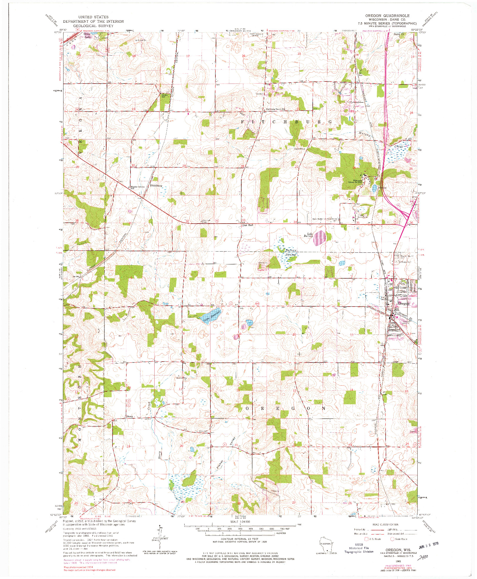 USGS 1:24000-SCALE QUADRANGLE FOR OREGON, WI 1961