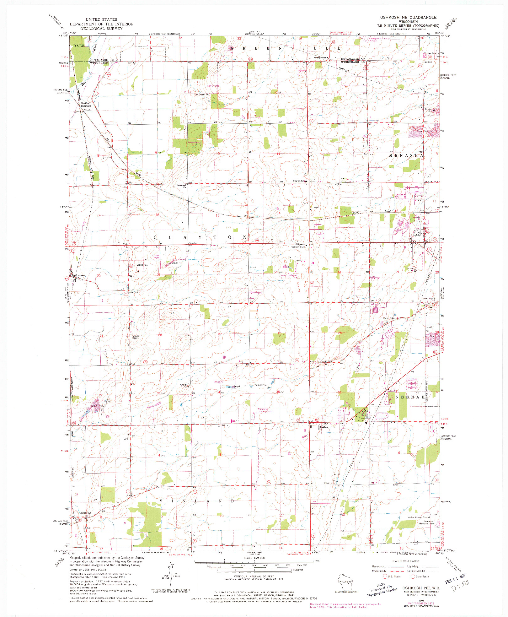 USGS 1:24000-SCALE QUADRANGLE FOR OSHKOSH NE, WI 1961