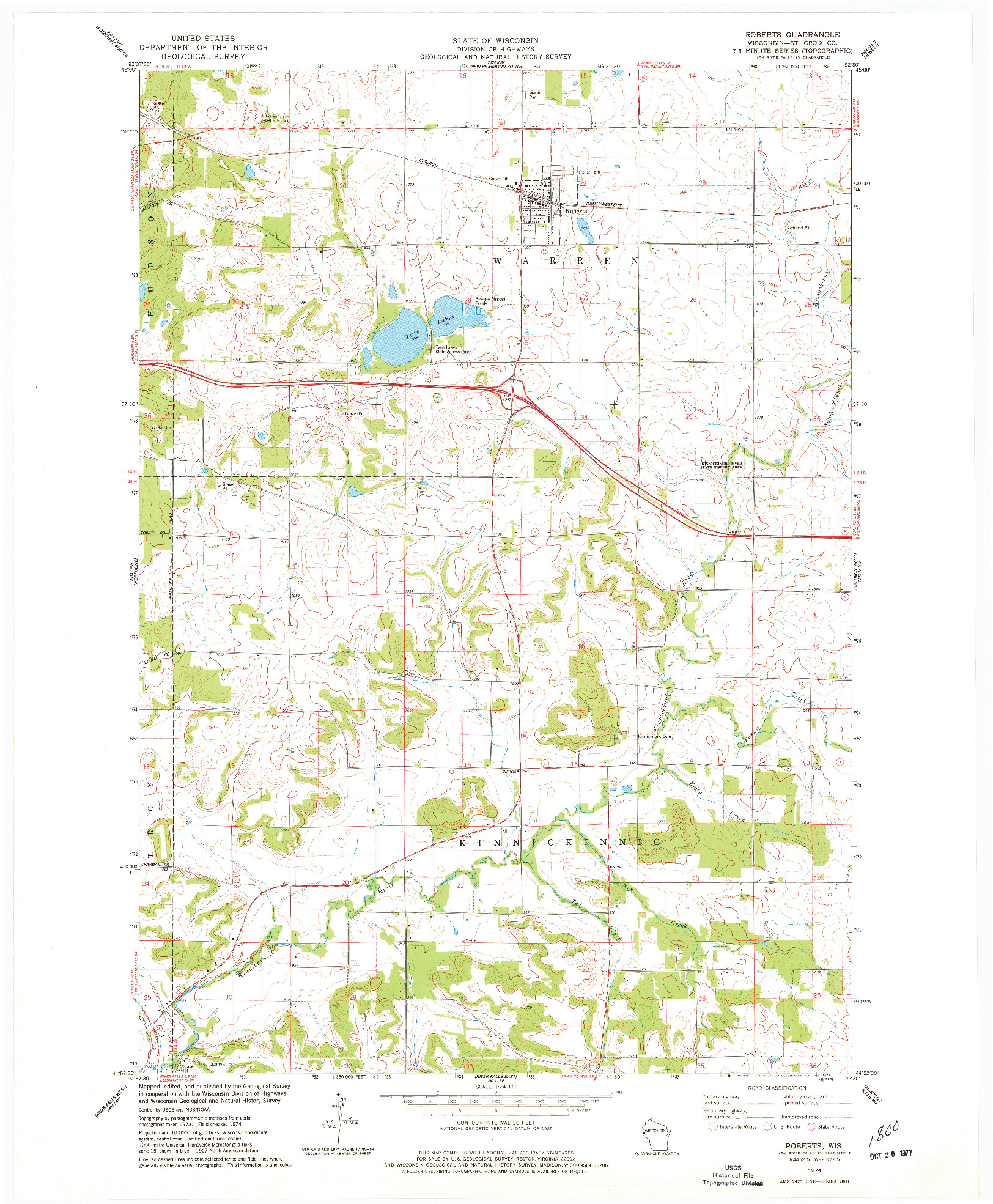 USGS 1:24000-SCALE QUADRANGLE FOR ROBERTS, WI 1974