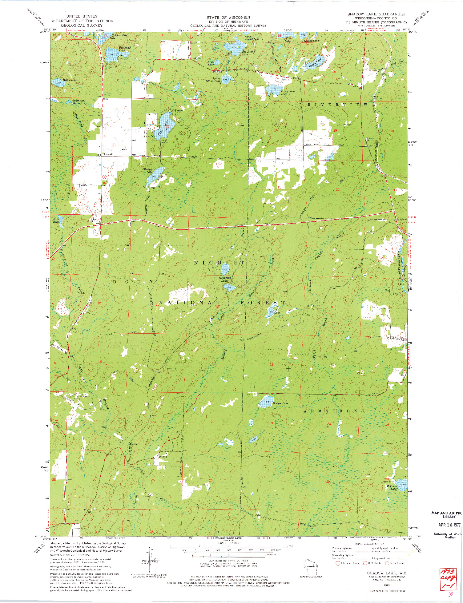 USGS 1:24000-SCALE QUADRANGLE FOR SHADOW LAKE, WI 1973