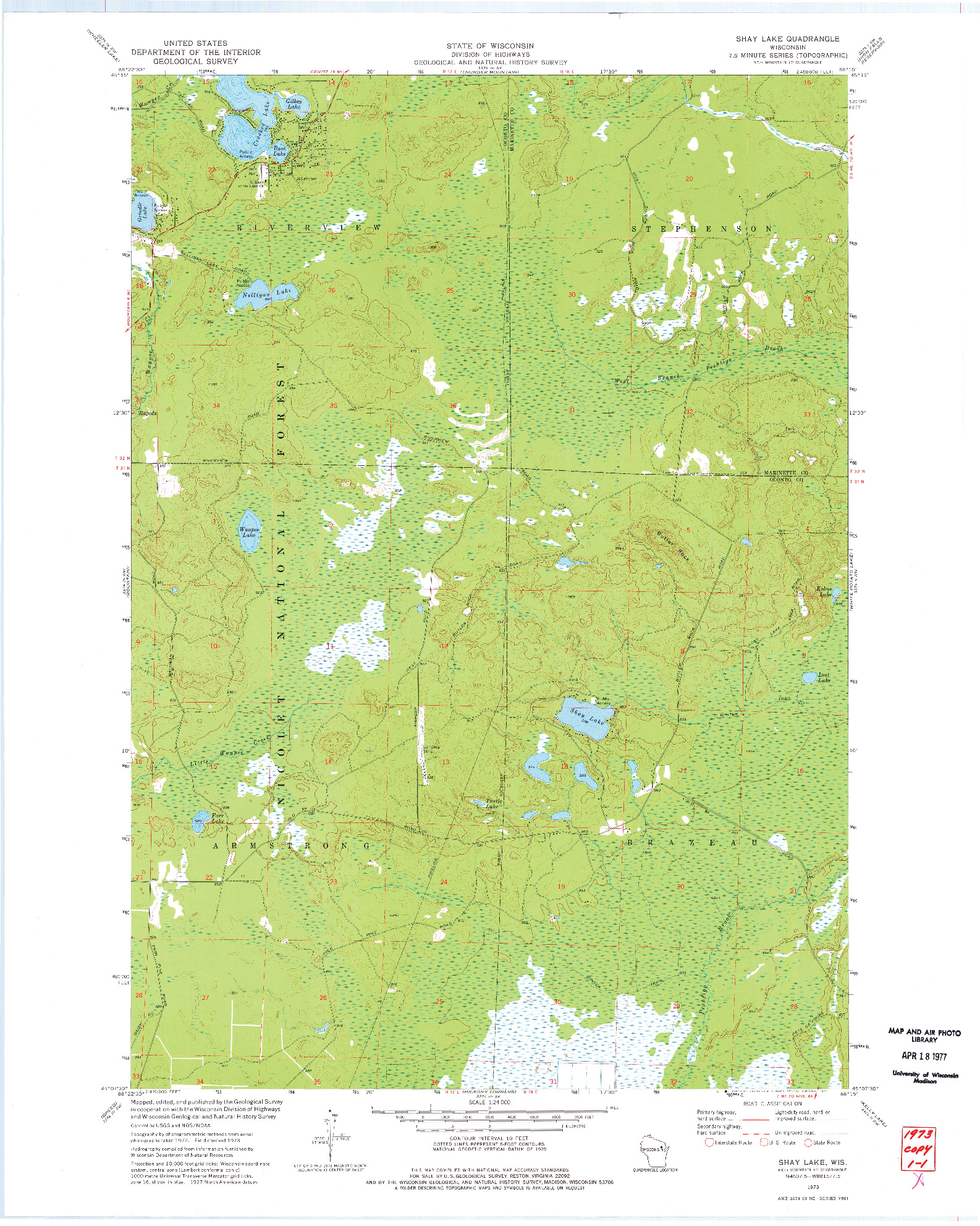 USGS 1:24000-SCALE QUADRANGLE FOR SHAY LAKE, WI 1973