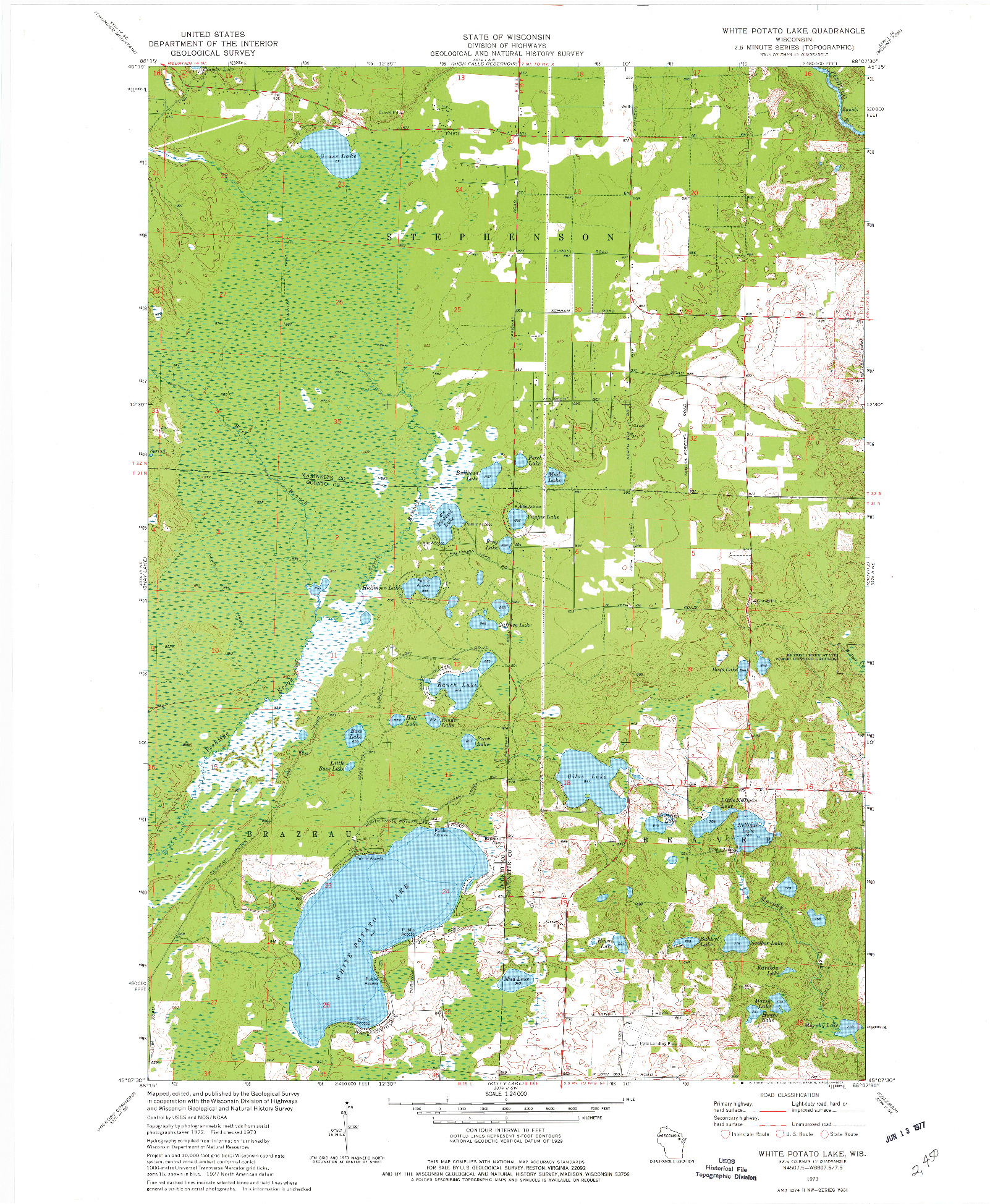 USGS 1:24000-SCALE QUADRANGLE FOR WHITE POTATO LAKE, WI 1973