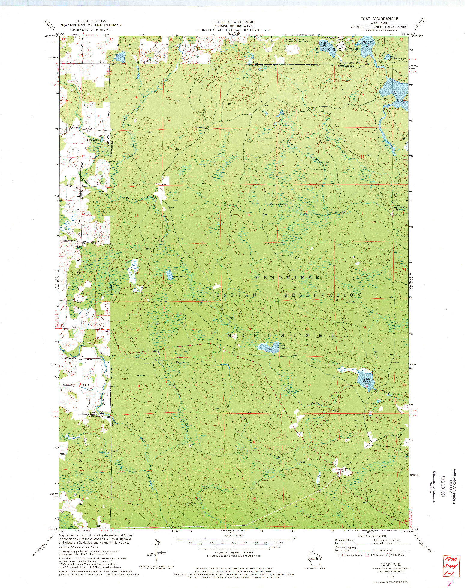 USGS 1:24000-SCALE QUADRANGLE FOR ZOAR, WI 1973
