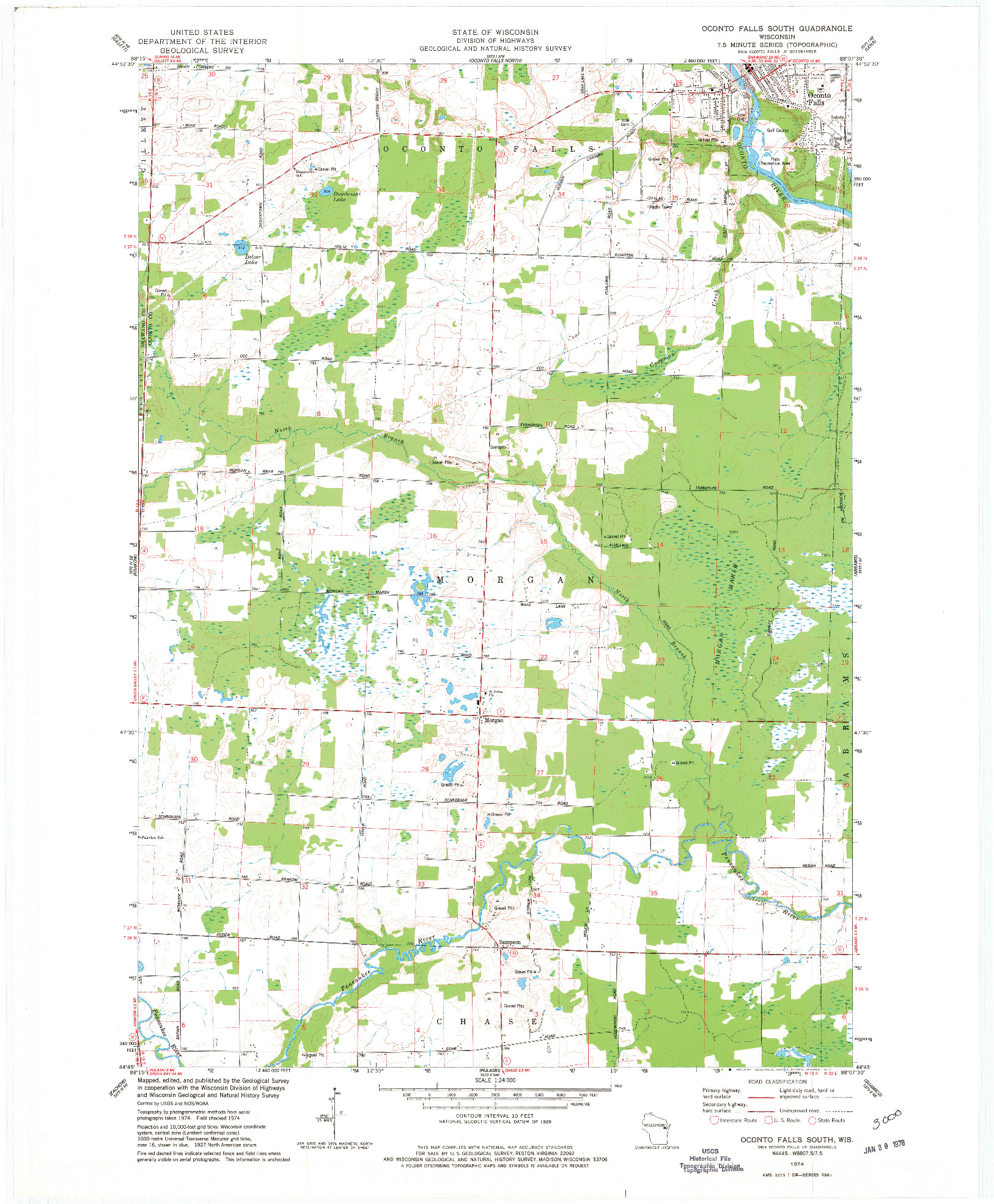 USGS 1:24000-SCALE QUADRANGLE FOR OCONTO FALLS SOUTH, WI 1974